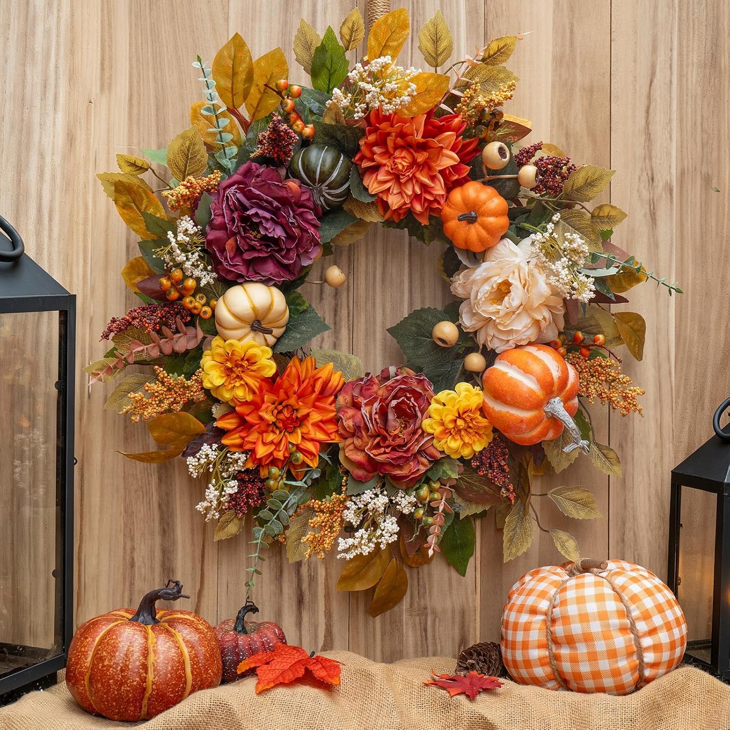 Fall Wreaths for Front Door outside 24 Inch,Rustic Harvest Autumn Wreath | Fall Door Wreath with Pumpkins,Peony,Dahlia,Artificial Silk Autumn Wreath for Indoor & Outdoor Farmhouse Thanksgiving Decor