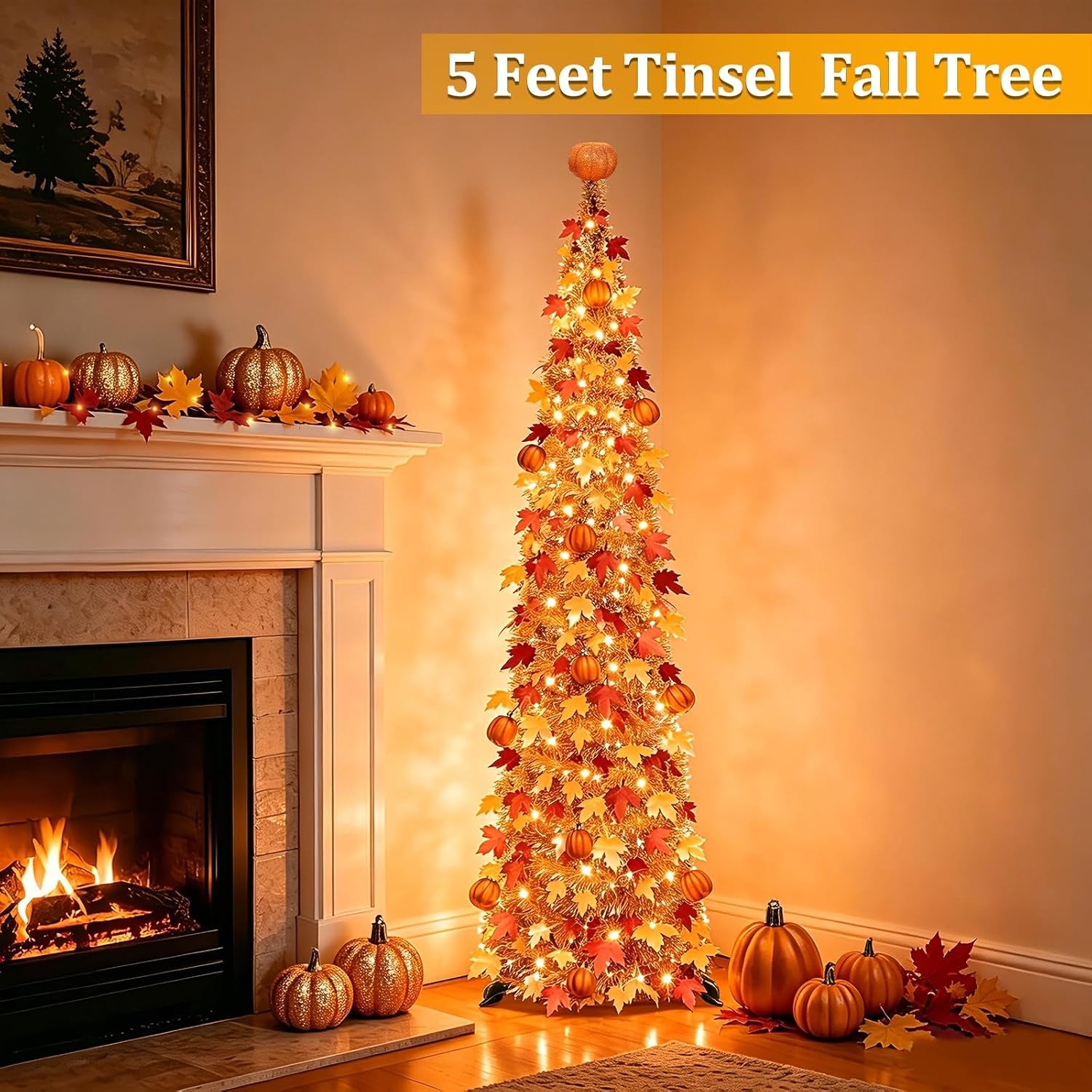 5 FT Fall Tree Fall Decor, Tinsel Maples Tree with 50 Warm White Lights | Orange Pumpkins Battery Operated Lighted Halloween Tree Fall Decorations for Home Harvest Thanksgiving Party Indoor