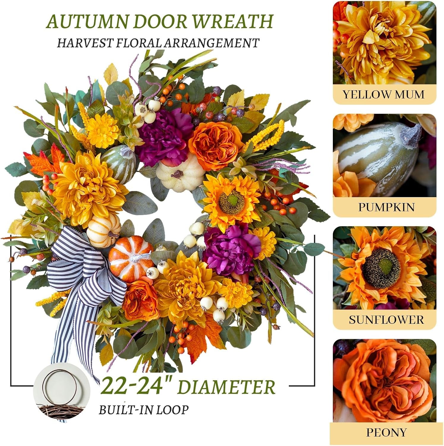 24 Inch Artificial Fall Wreaths for Front Door outside with Striped Bow | Harvest Autumn Wreath with Dahlias,Peony,Sunflowers,Pumpkins- Rustic Farmhouse Thanksgiving & Halloween Seasona Porch Decor