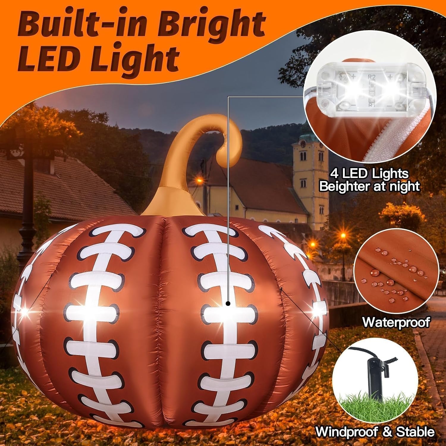 4.6FT Inflatable Pumpkin Outdoor Decorations Football Inflatables Pumpkins Built-In 4 LED Lights Fall Giant Blow up Pumpkin for Halloween Decor Football Sport Fans Party Garden Yard Lawn