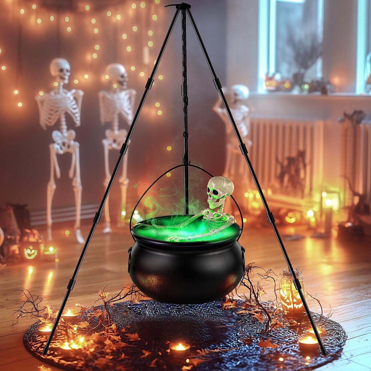 Halloween Decorations Outdoor Witch Cauldron Tripod with Fog Maker & Skull | 52-Inch Tall Display, Green Light Mist Effect, Large Cauldron & Skeleton, Stable Setup for Porch Yard Lawn Halloween Scenes
