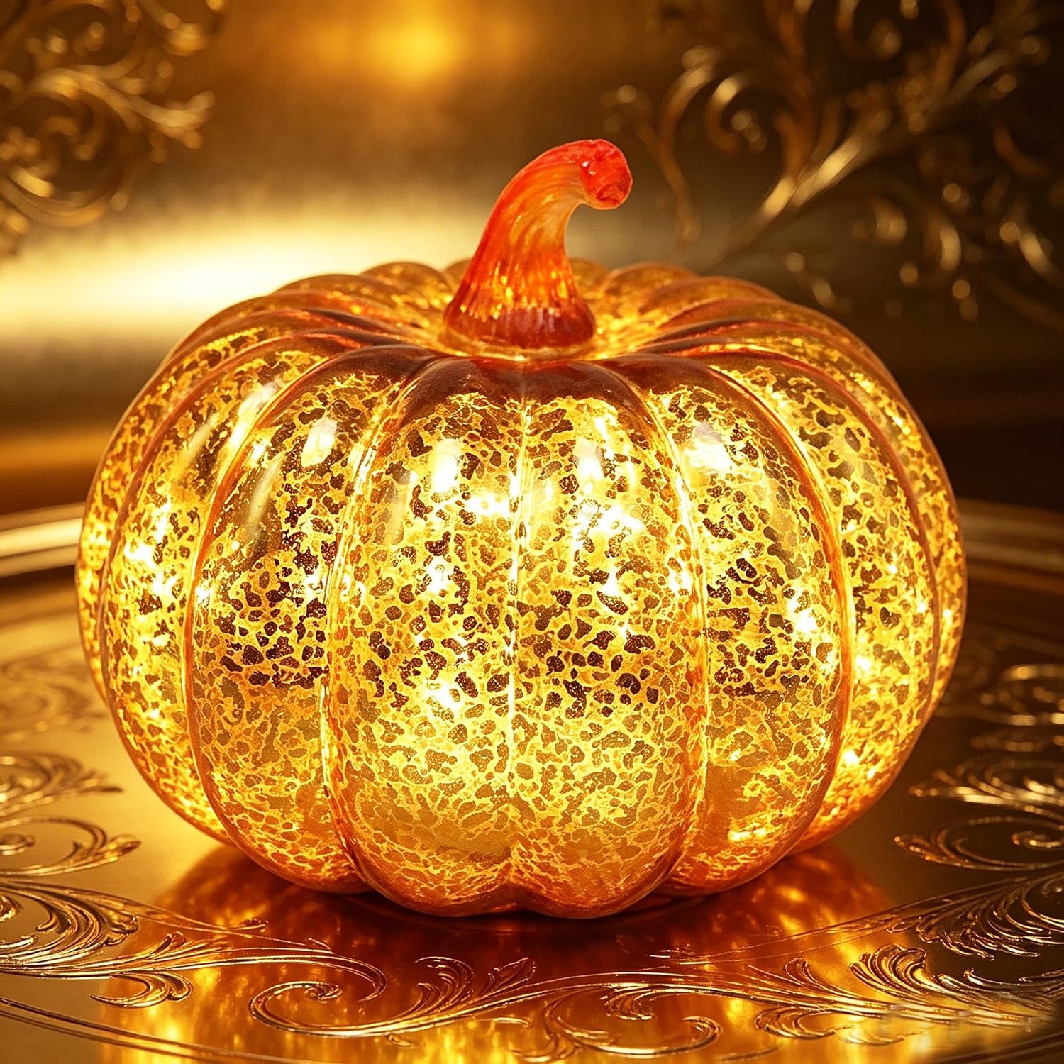 Mercury Glass Light up Pumpkin Light with Timer, with 10 Led Lights Inside,Battery Operated Led Pumpkin Light,Ideal for Halloween Fall Decoration, Thanksgiving Rustic Decor(Gold)