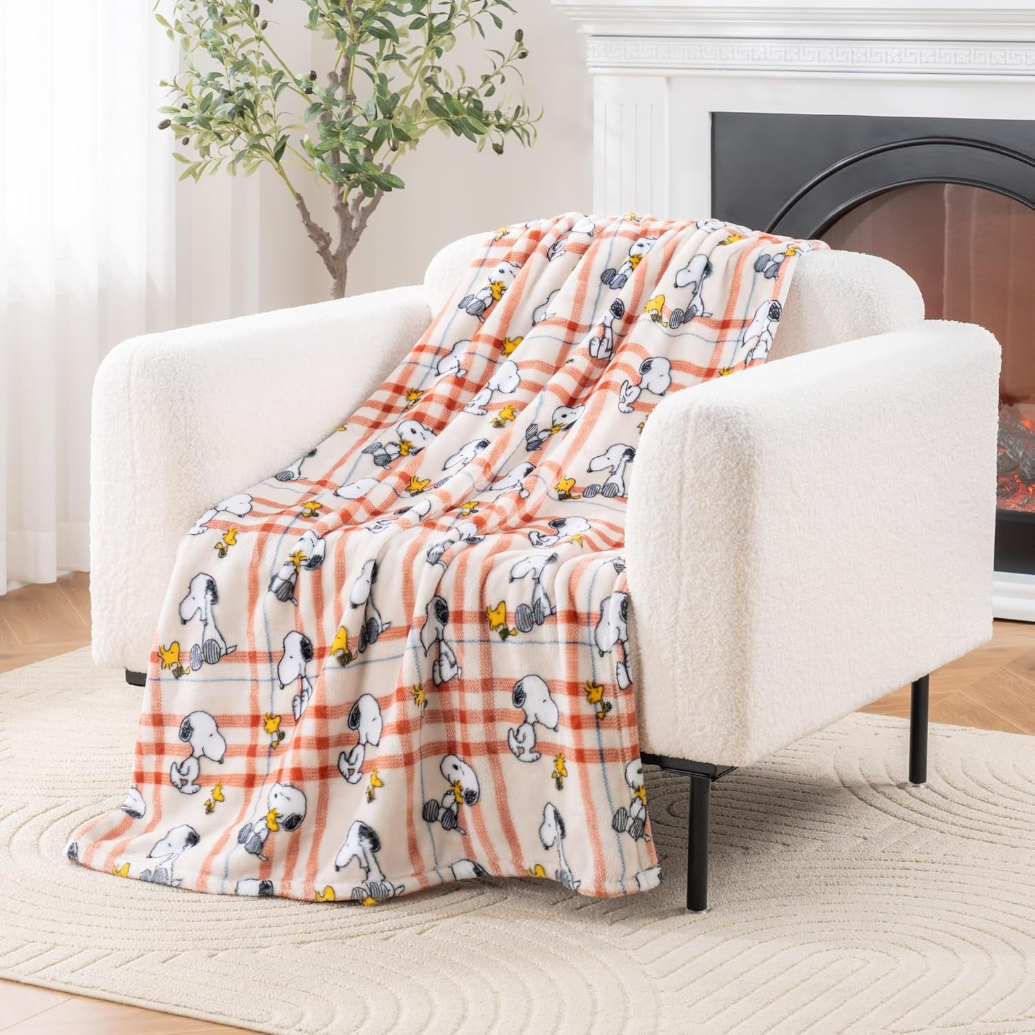 Peanuts® Velvetloft® Cute Character Snoopy Plush Throw Blanket,Snoopy and Woodstock Fall Birds & Leafs Orange,Throw 55 in X 70 in (Official Peanuts® Product)