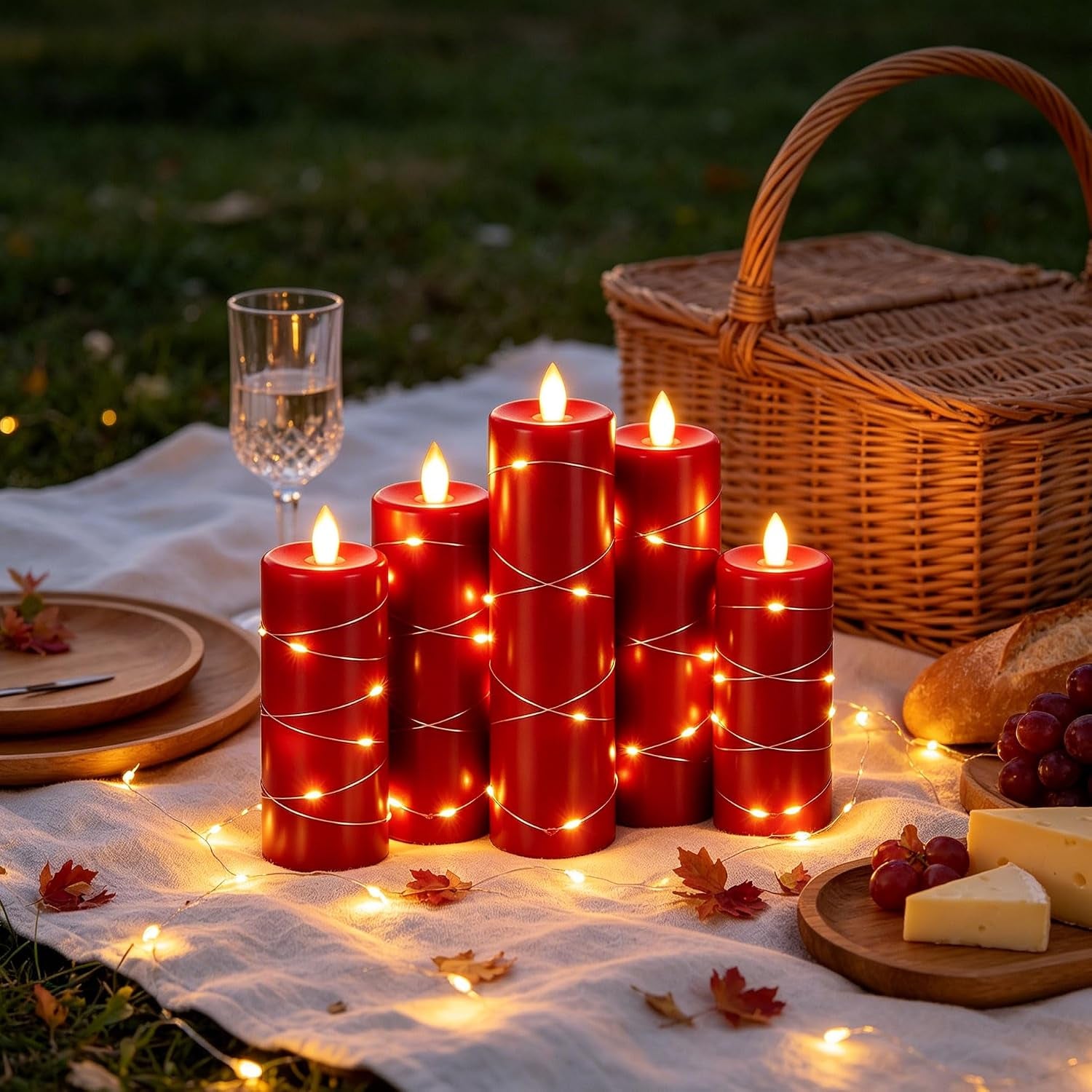 5 Pack Red Real Wax Flameless Taper Candles, Lifelike Flickering LED Candles with Copper String Lights, Battery Operated Candles with Remote for Holiday Wedding Home Decor