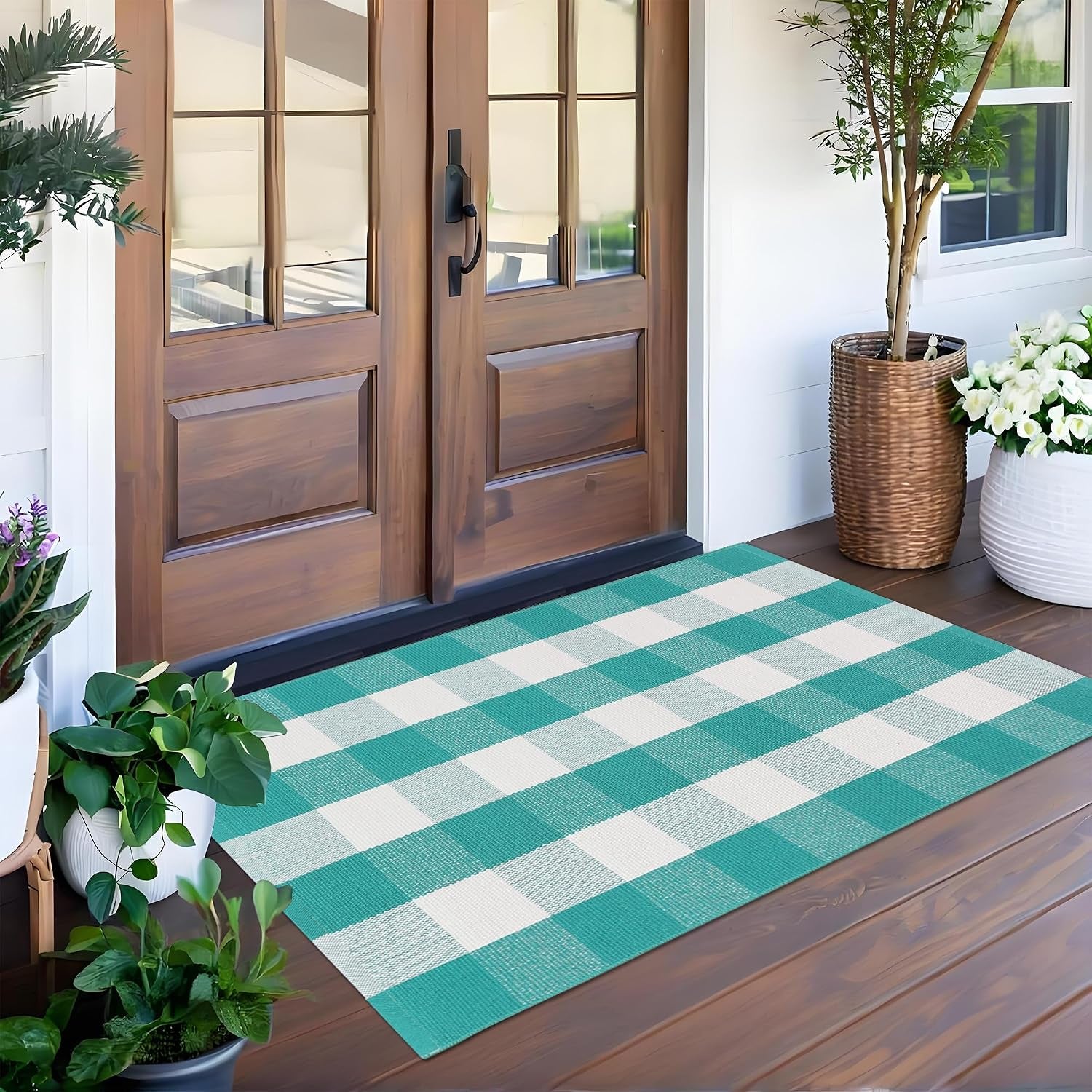 Orange and White Plaid Rug, 3' X 5' Fall Front Door Decor Mat, Cotton Washable Hand-Woven Door Mat for Layered Doormat, Autumn Halloween Thanksgiving Carpet for Porch, Entryway