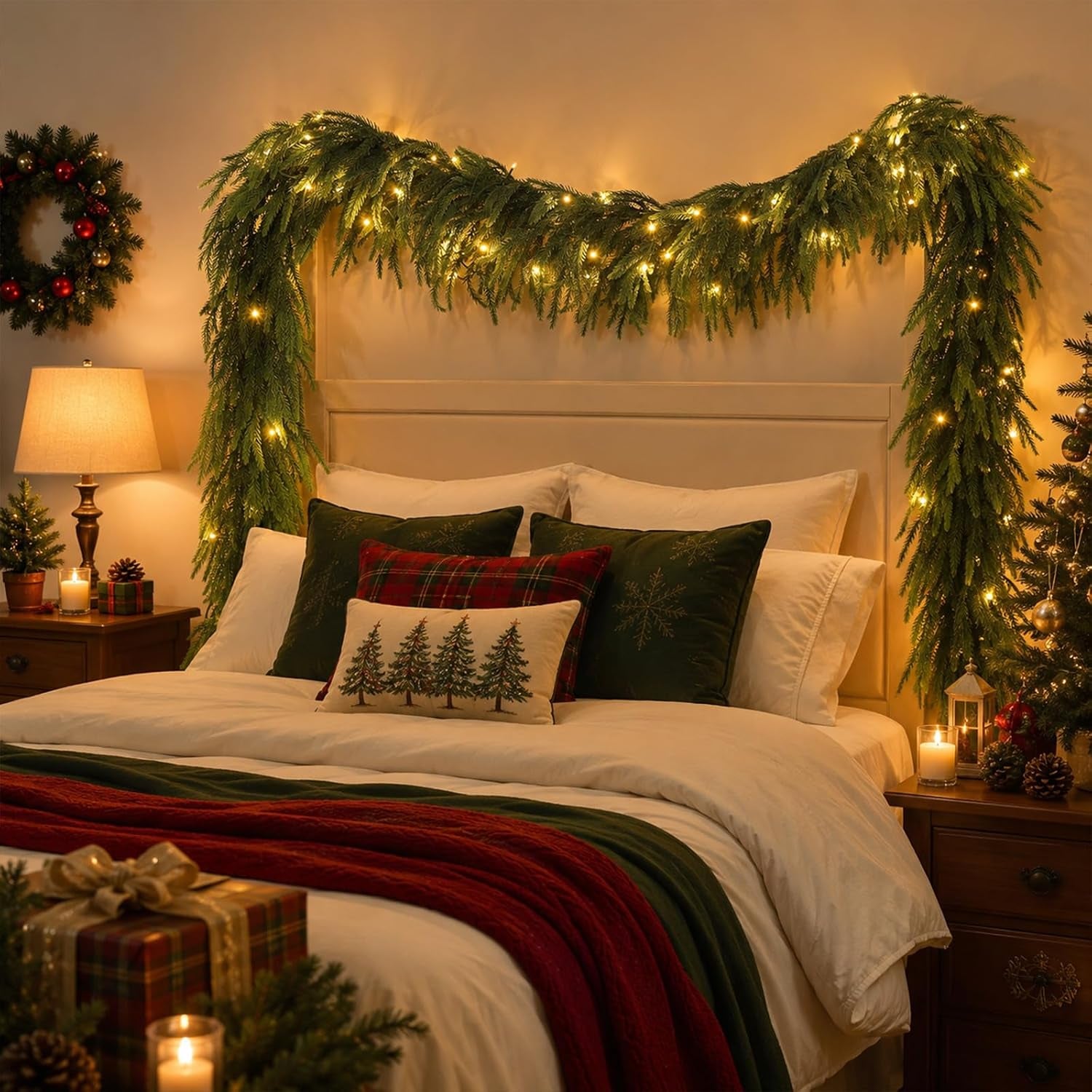 9FT Christmas Norfolk Pine Pre-Lit Garland with 70 LED Lights Real Touch Prelit Garland Christmas Greenery Garlands for Table Mantle Fireplace Stairs Indoor Outdoor Xmas Decorations