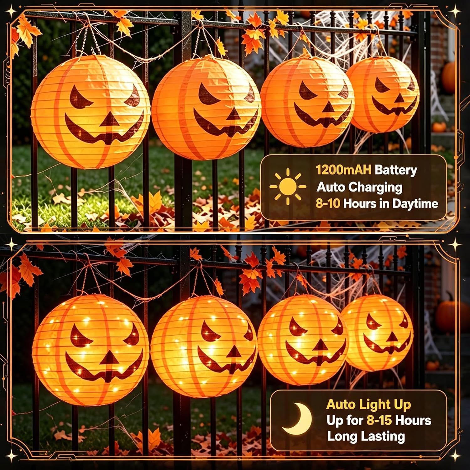 4Pcs Solar Pumpkin Lights Outdoor Hanging Halloween Decorations | 12-Inch Jack O Lantern, 160 Leds & 8 Modes, Waterproof Outdoor Halloween Lights for Yard Porch Trick-Or-Treat Party