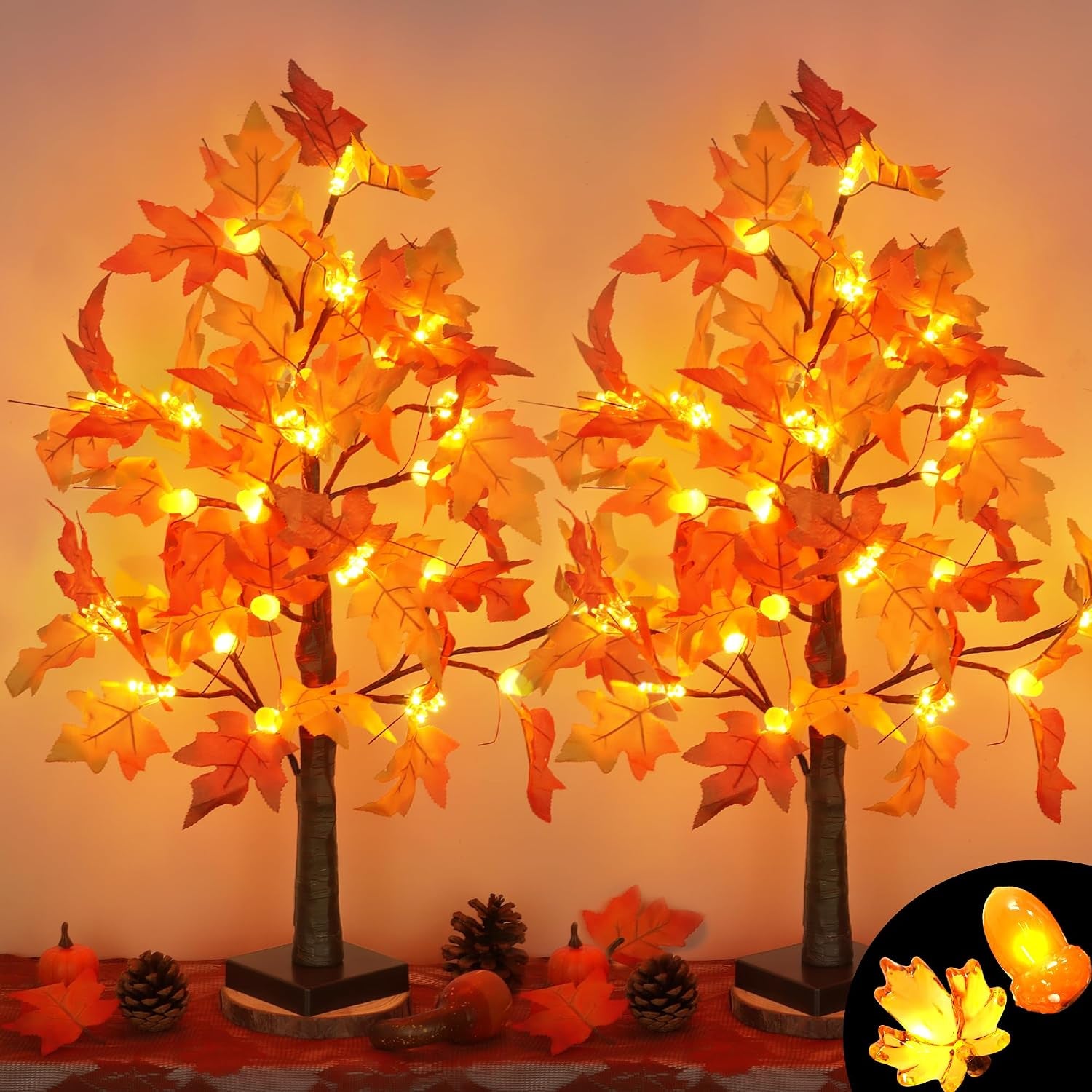 2 Pack 24 Inch Prelit Fall Maple Tree Fall Thanksgiving Decorations with 48 Leds Battery Operated Timer Lighted Acorn Maple Artificial Tabletop Light up Tree for Home Indoor Thanksgiving Table Decor