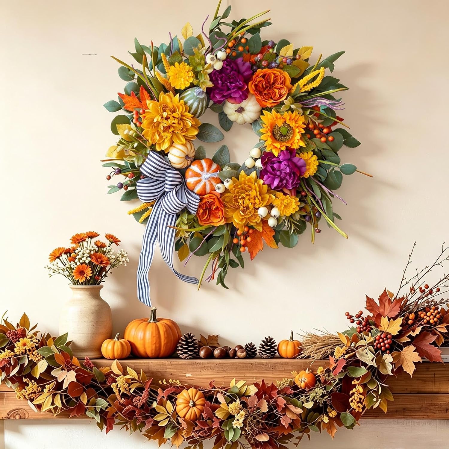 24 Inch Artificial Fall Wreaths for Front Door outside with Striped Bow | Harvest Autumn Wreath with Dahlias,Peony,Sunflowers,Pumpkins- Rustic Farmhouse Thanksgiving & Halloween Seasona Porch Decor