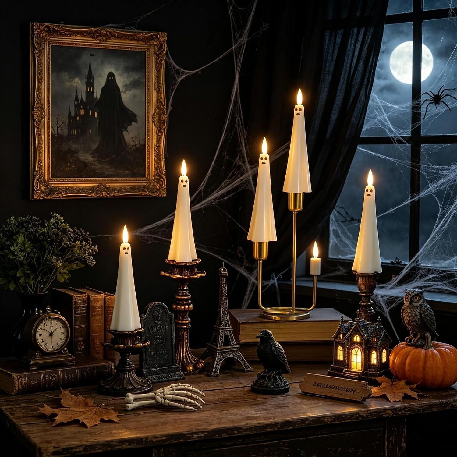 Ghost Flameless Floating Candles with Wand Remote, 12 Pcs Magic Flickering Battery Operated LED Hanging Taper Candles for Halloween Party Decoration(White)