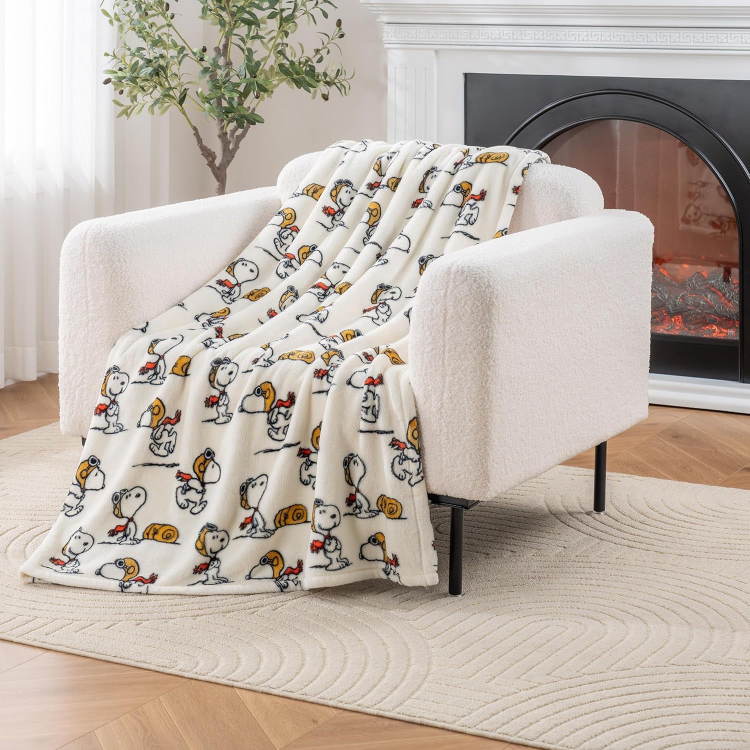 Peanuts® Velvetloft® Cute Character Snoopy Plush Throw Blanket,Snoopy and Woodstock Fall Birds & Leafs Orange,Throw 55 in X 70 in (Official Peanuts® Product)