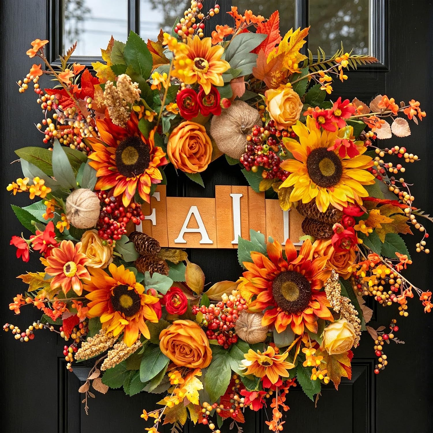 24 Inch Fall Wreaths for Front Door Autumn Wreath with Fall Sign | Fall Door Wreath with Sunflowers, Roses, Burlap Pumpkins, Pinecones, Fall Wreath for Outdoor Wreaths for Front Door
