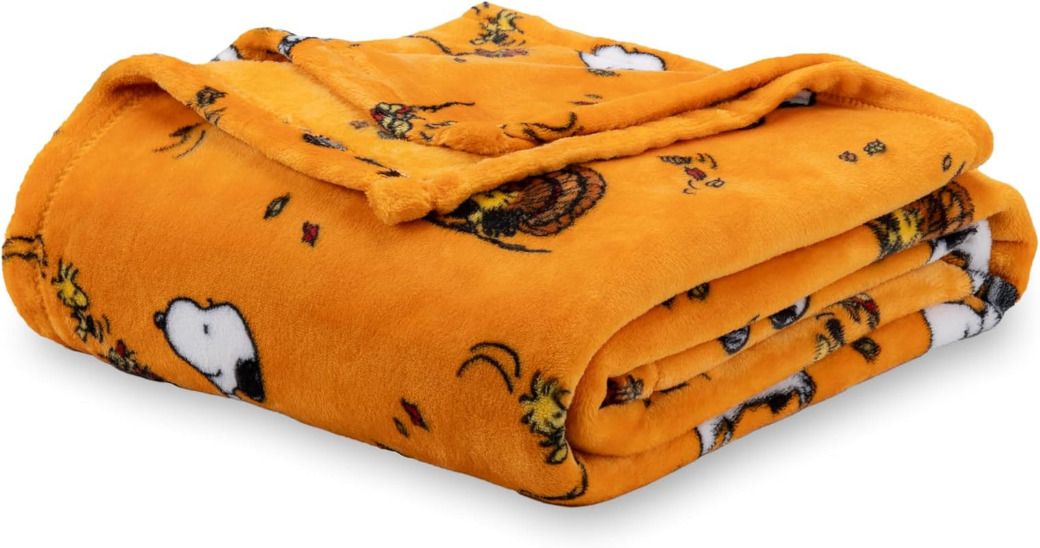 Peanuts® Velvetloft® Cute Character Snoopy Plush Throw Blanket,Snoopy and Woodstock Fall Birds & Leafs Orange,Throw 55 in X 70 in (Official Peanuts® Product)