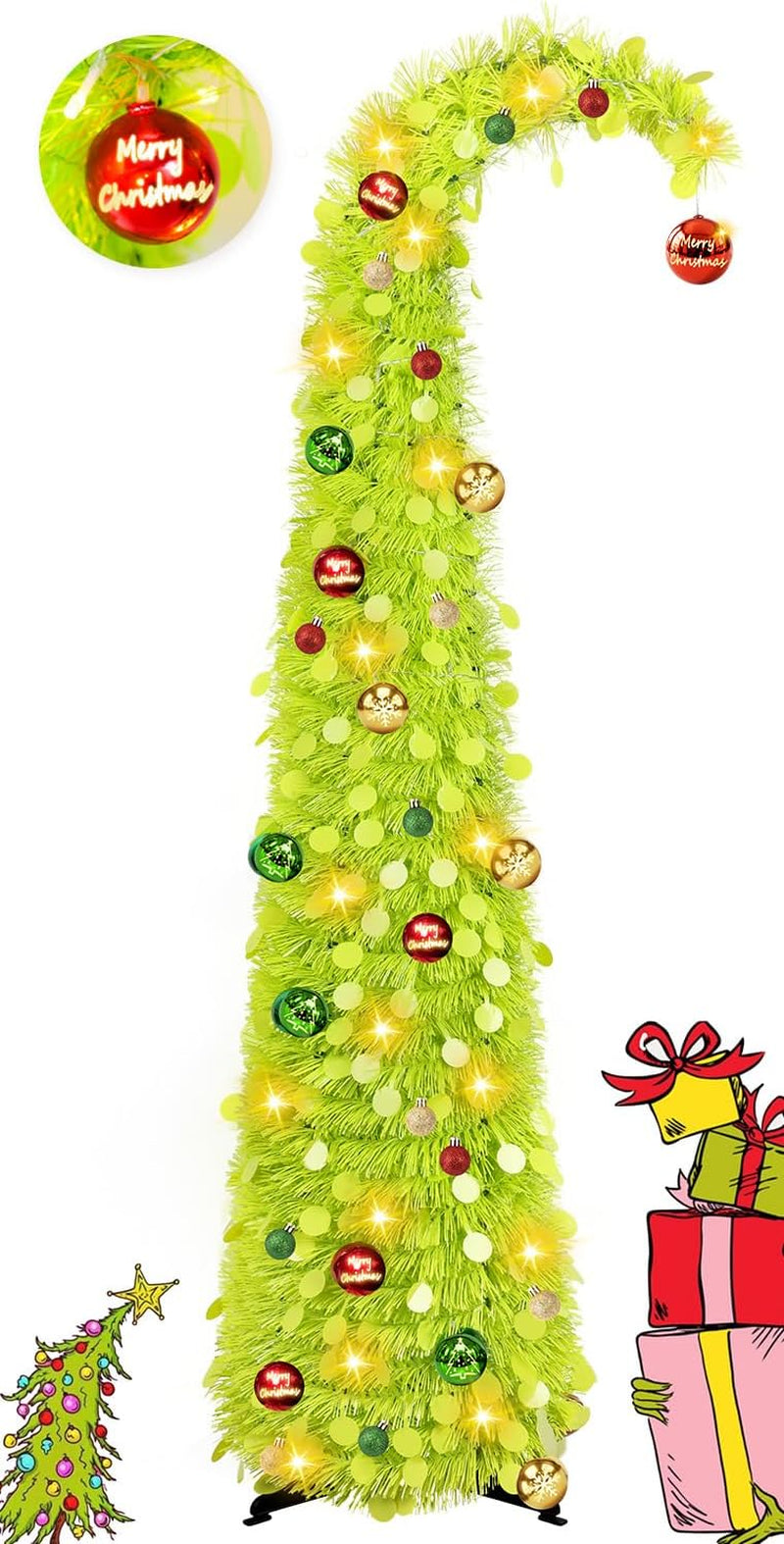 5FT Black Halloween Pop up Christmas Tree with Eyeball String Lights | Whimsical Curved Tinsel Tree, 30 Warm White Eyeball Lights, 6H Timer, Foldable Design; Apartment, Porch, Party, XMAS Decor