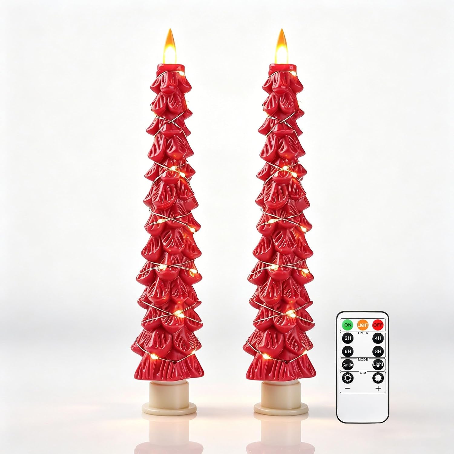 Christmas Tree Candles Surrounded by Fairy Lights, LED Flameless Candle Lights with Remote Control Timing Function. Green