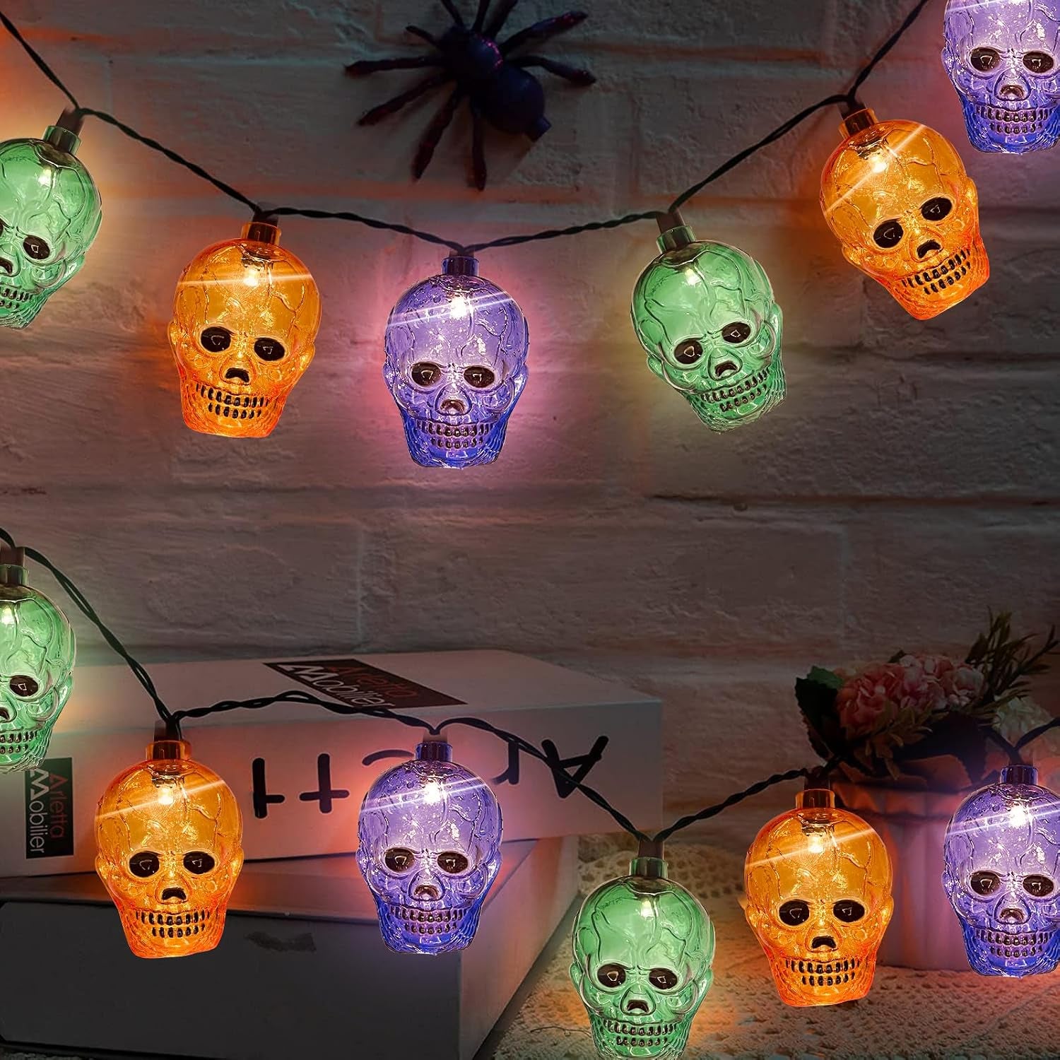 8.5FT 10 LED Outdoor Halloween Skeleton String Lights Plug In, Waterproof | Connectable, Hanging Multicolor Halloween Skull Lights UL Listed for Indoor Backyard, Patio, Porch, Party Decor, Black Wire