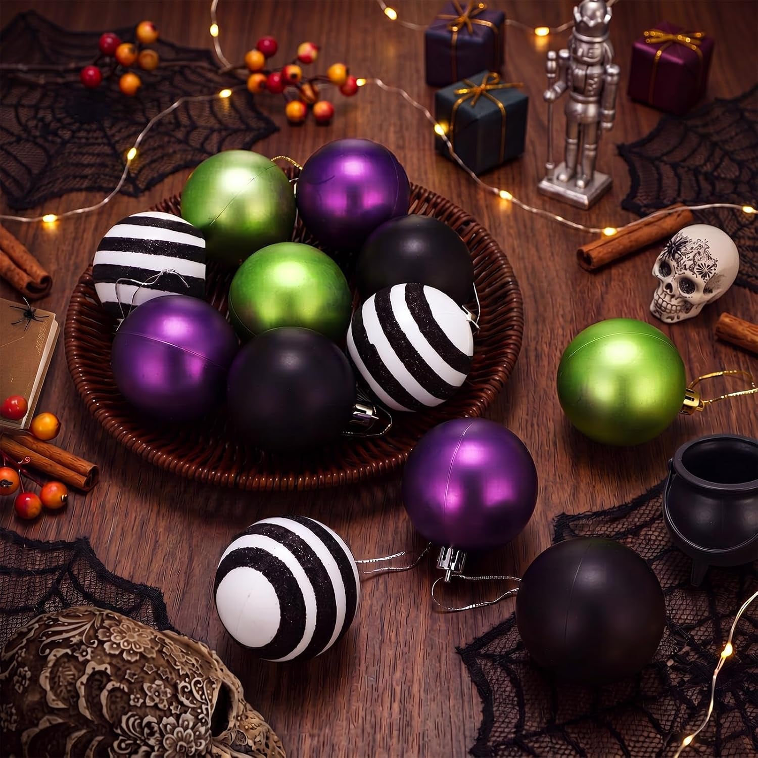 12 Pcs Halloween Ball Ornaments 2.36 Inch Black Purple Green Stripe Hanging Ball Ornaments Halloween Tree Decoration for Nightmare Party Christmas Decoration Supplies