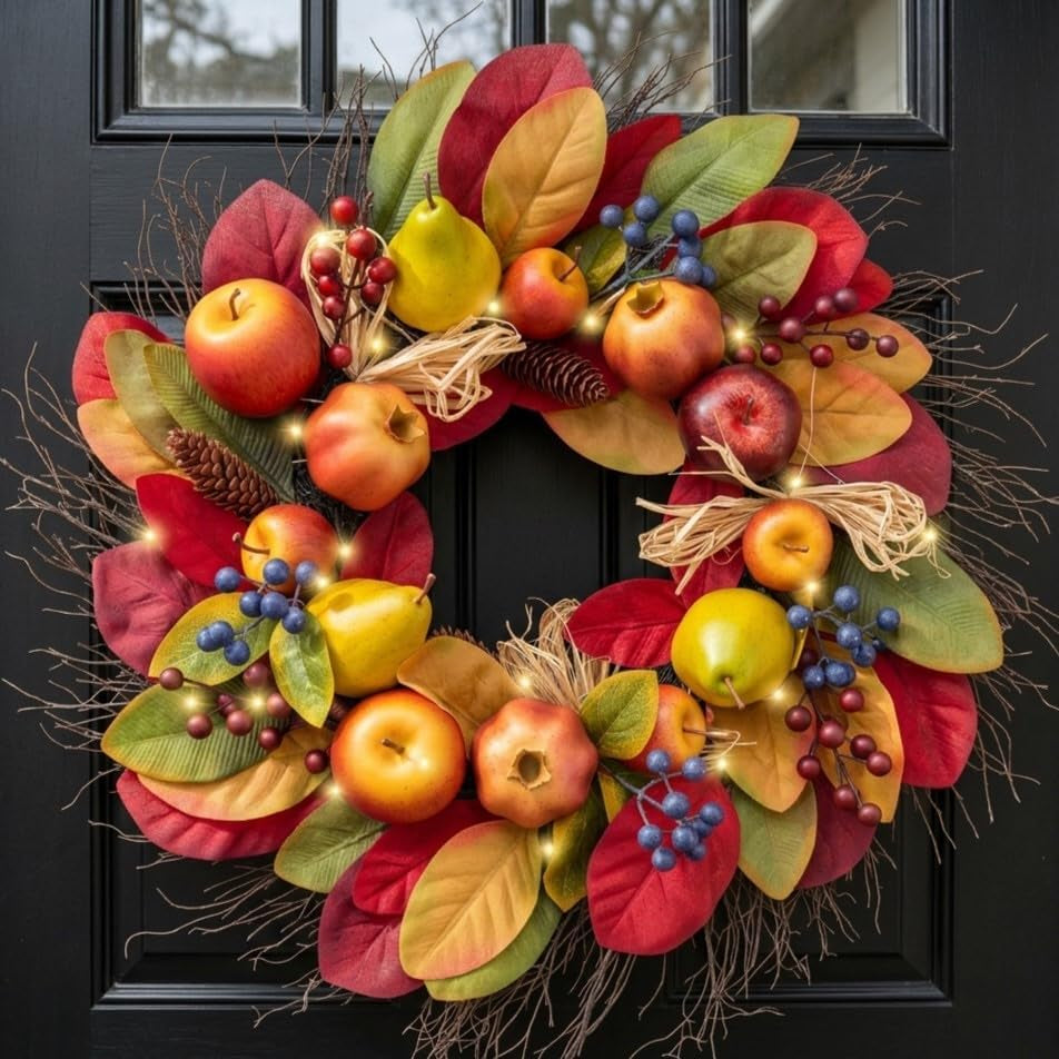 24'' Collapsible Pre-Lit Fruits Fall Wreath for Front Door | Faux Pomegranate & Apples & Maple Leaves & Greeting Plaque & LED Light for Fireplace,Porch,Autumn Thanksgiving Harvest Decor