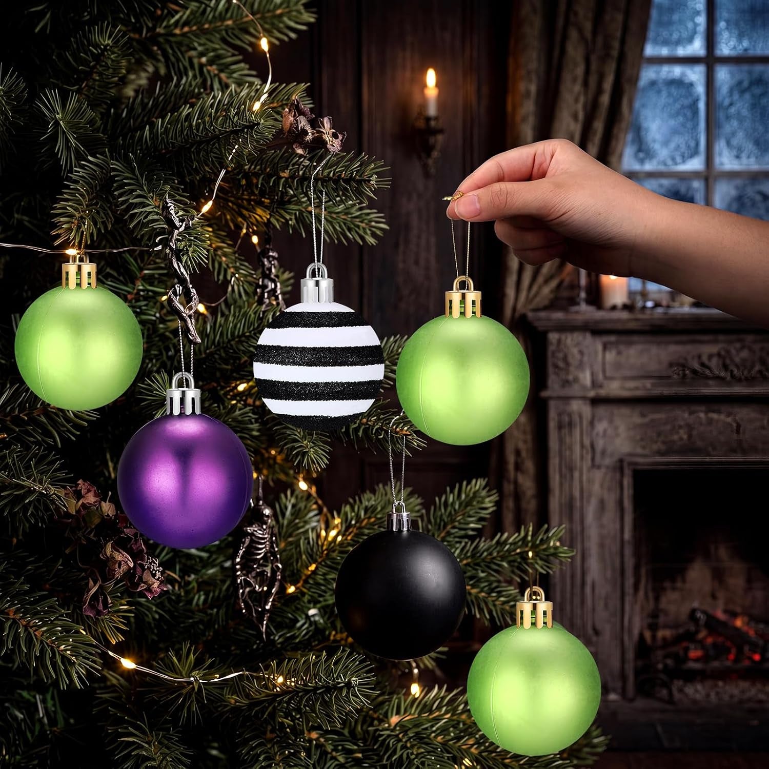 12 Pcs Halloween Ball Ornaments 2.36 Inch Black Purple Green Stripe Hanging Ball Ornaments Halloween Tree Decoration for Nightmare Party Christmas Decoration Supplies