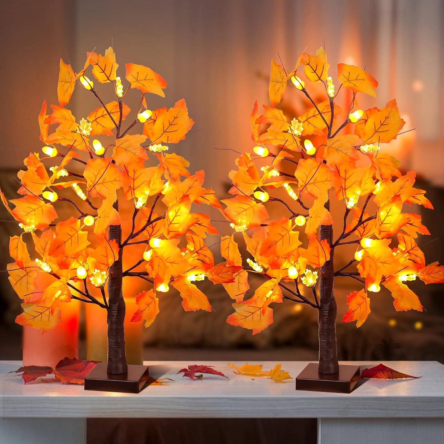 2 Pack 24 Inch Prelit Fall Maple Tree Fall Thanksgiving Decorations with 48 Leds Battery Operated Timer Lighted Acorn Maple Artificial Tabletop Light up Tree for Home Indoor Thanksgiving Table Decor