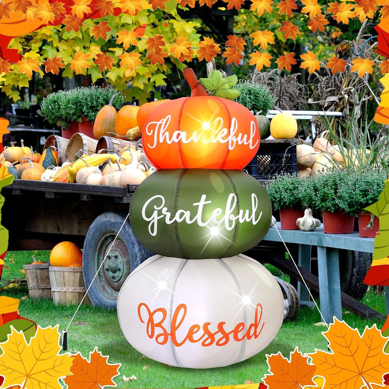 6.4Ft Thanksgiving Inflatable Stacked Pumpkins with LED, Yard Decor | Built-In LED, Thankful Grateful Blessed Design, Weather Resistant, Stakes Tethers Include, Lawn, Garden, Porch, Harvest Decor