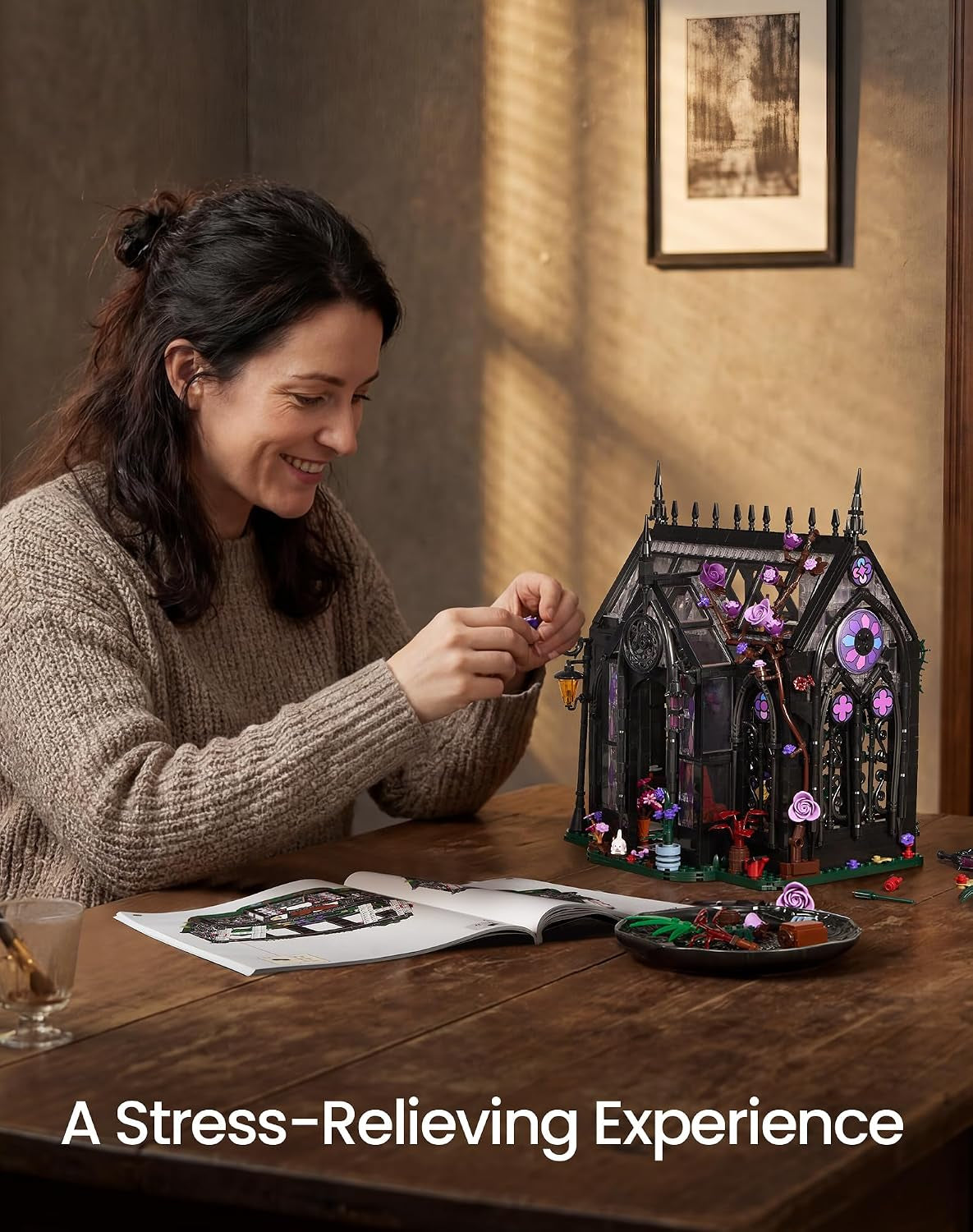Gothic Greenhouse Building Set with LED Lights, Botanical Garden Brick Kit | 1378Pcs Stained Glass Architecture Building Kits, Rose Vines Flower House Display Decor, Halloween Gothic Gifts for Adults