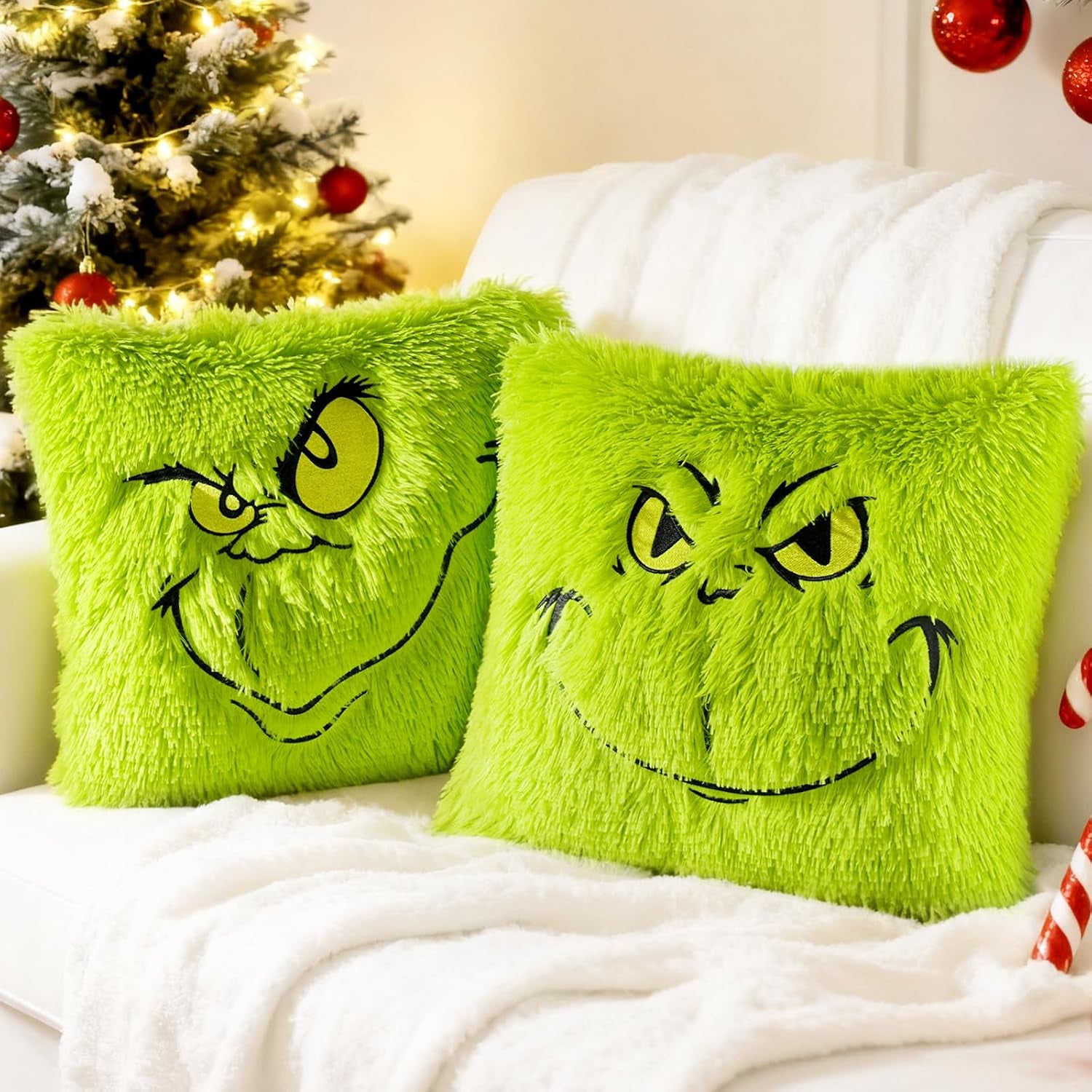 2PCS Chrismas Pillow Covers 18X18 Inch,Green Xmas Throw Pillow Cases,Chrismas Decor Soft Plush Faux Fur Wool Couch Cushion Case for Chair Sofa Bedroom Living Room