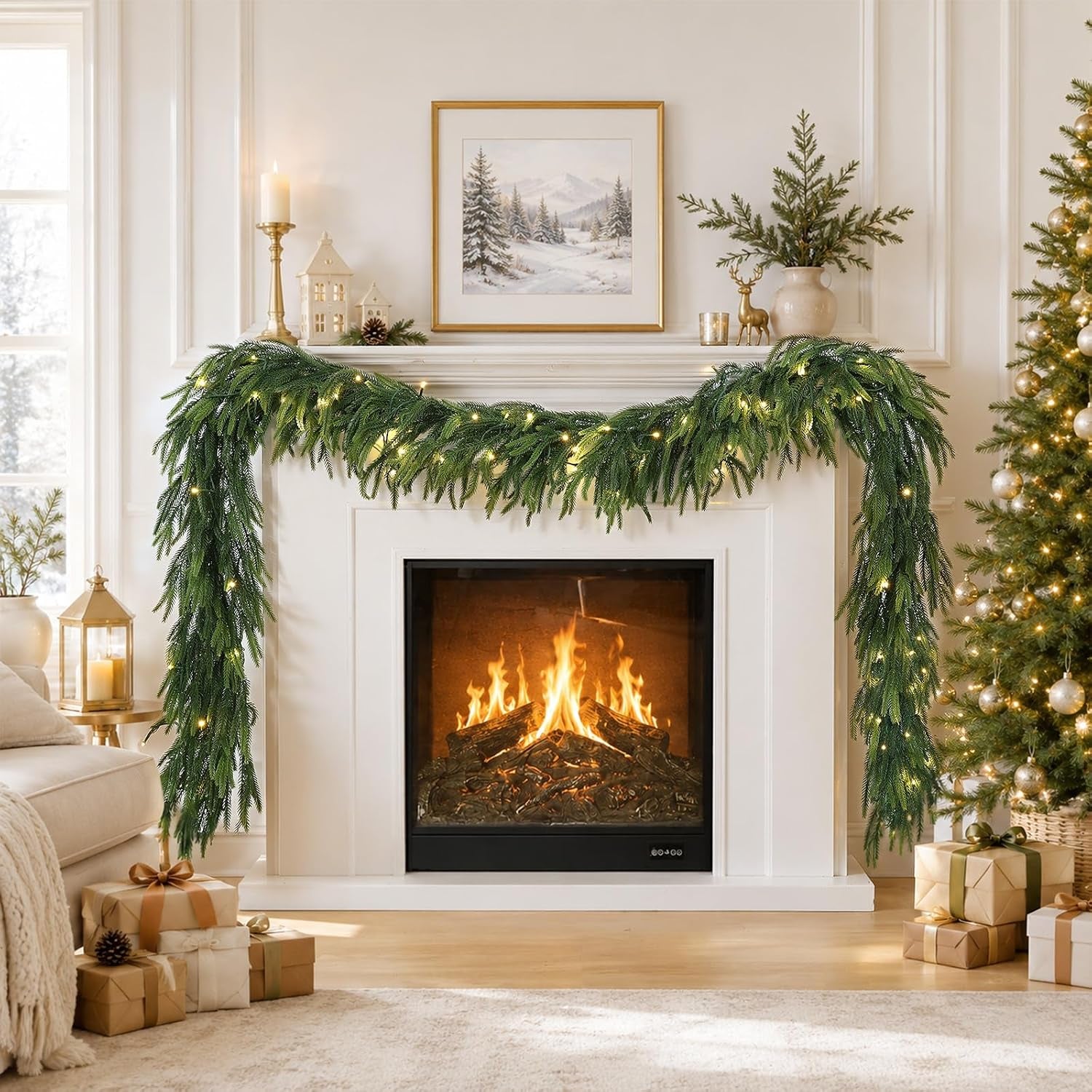 9FT Christmas Norfolk Pine Pre-Lit Garland with 70 LED Lights Real Touch Prelit Garland Christmas Greenery Garlands for Table Mantle Fireplace Stairs Indoor Outdoor Xmas Decorations