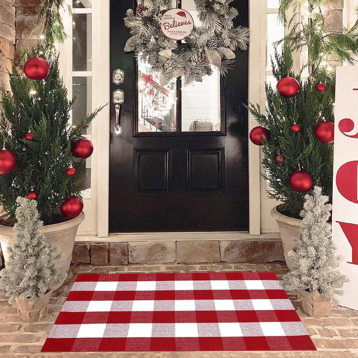 Orange and Black Plaid Rug, 3' X 5' Fall Outdoor Front Door Decor Mat, Cotton Washable Hand-Woven Rug for Layered Doormat, Autumn Halloween Thanksgiving Carpet for Porch, Entryway