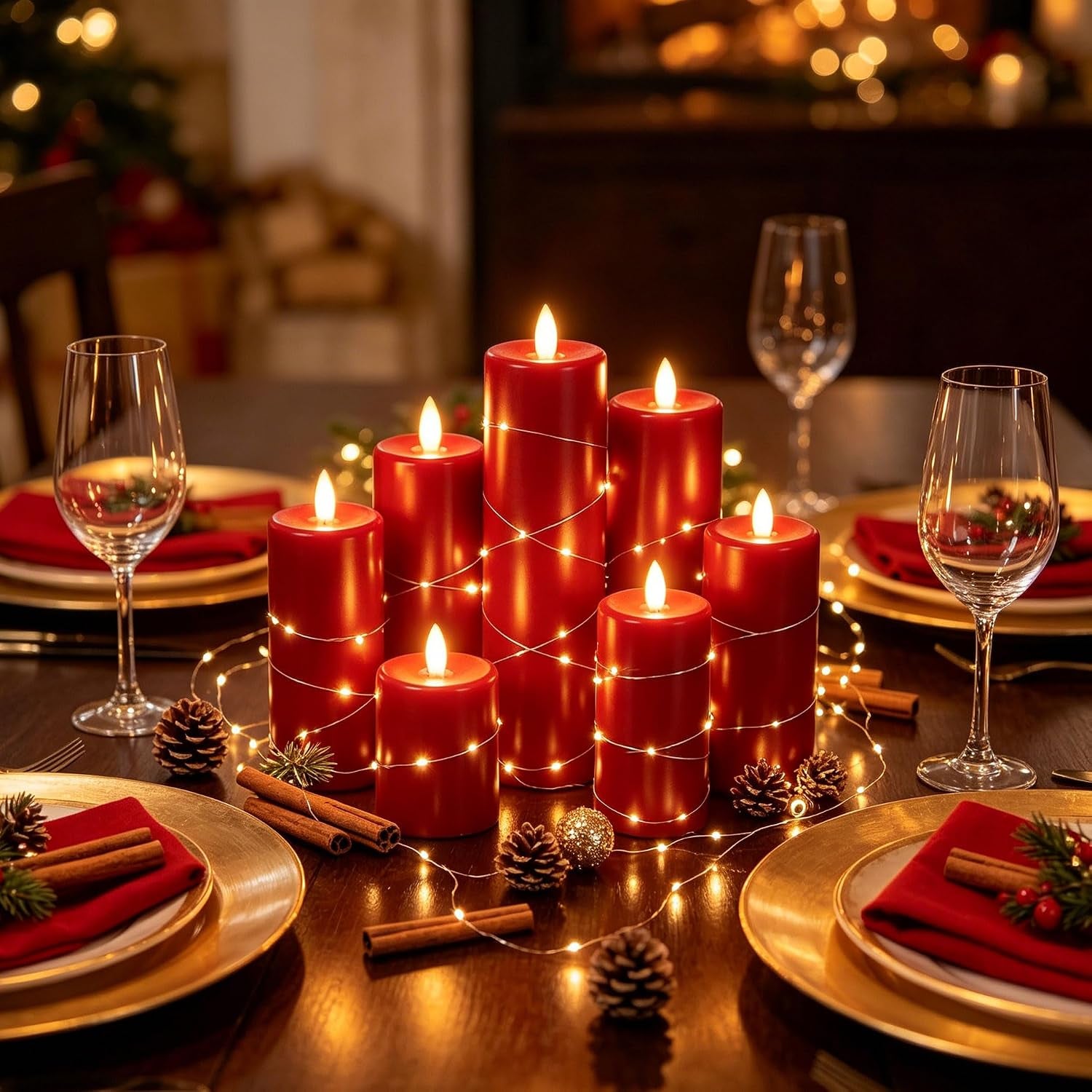 5 Pack Red Real Wax Flameless Taper Candles, Lifelike Flickering LED Candles with Copper String Lights, Battery Operated Candles with Remote for Holiday Wedding Home Decor