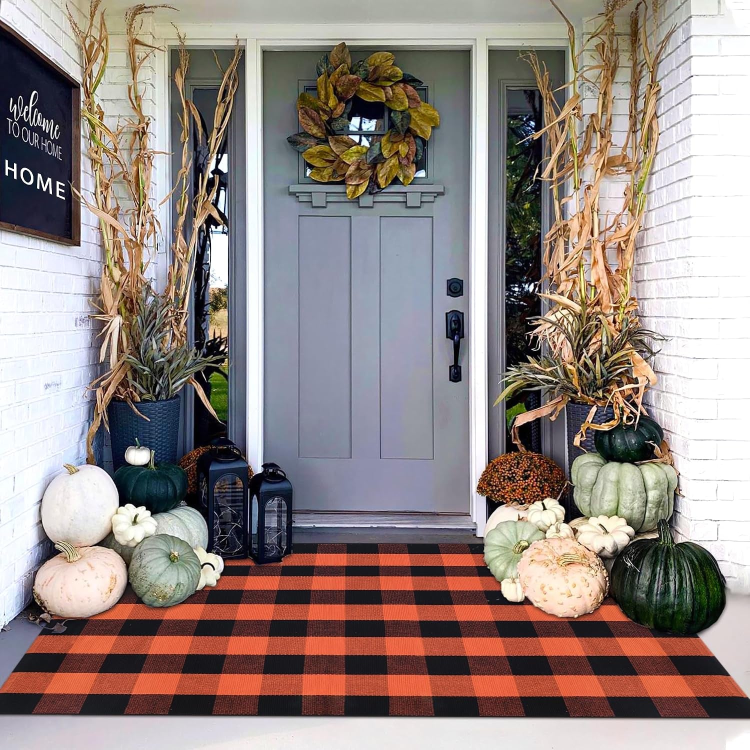 Orange and White Plaid Rug, 3' X 5' Fall Front Door Decor Mat, Cotton Washable Hand-Woven Door Mat for Layered Doormat, Autumn Halloween Thanksgiving Carpet for Porch, Entryway