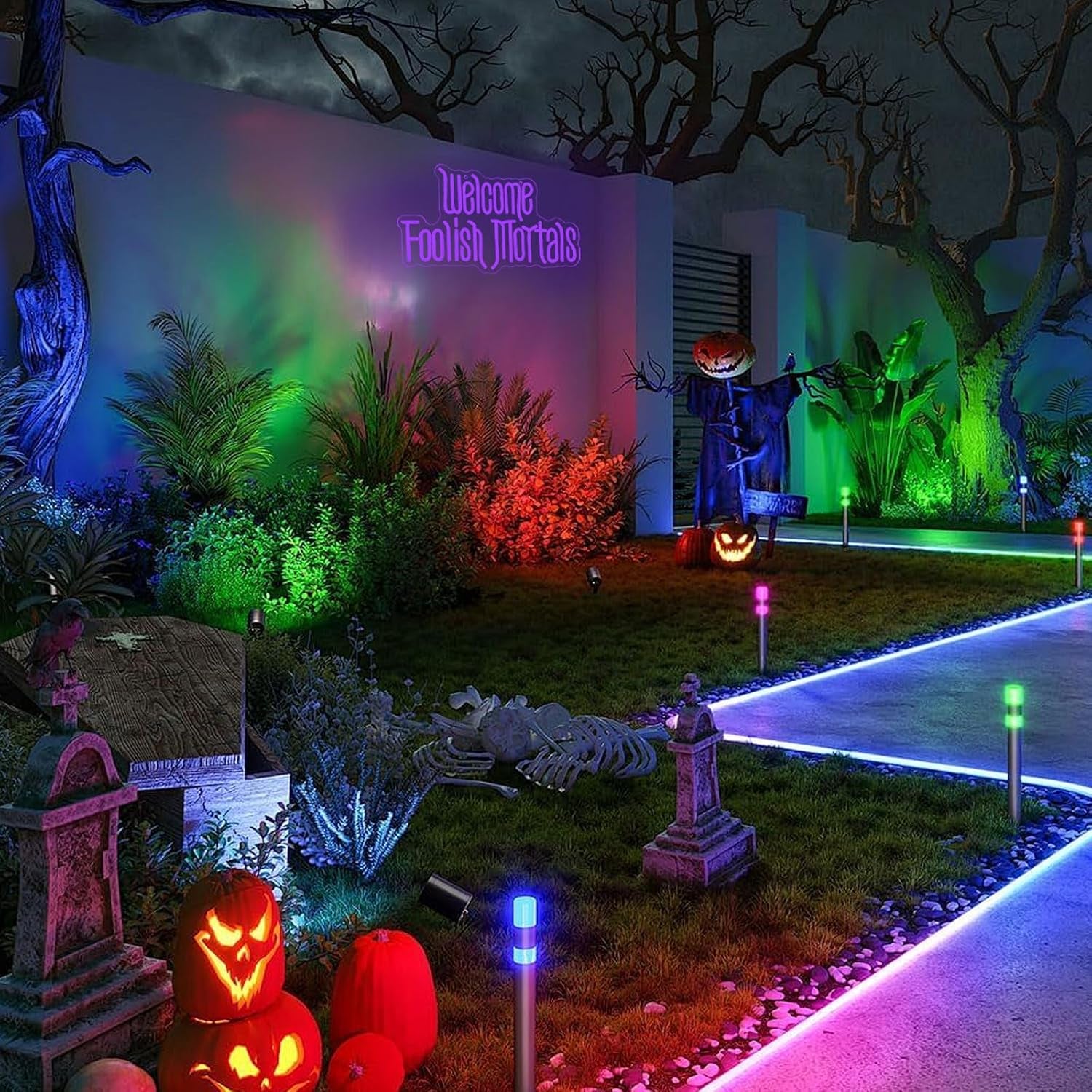 Welcome Foolish Mortals Neon Sign, Halloween Neon Light Spooky Gothic Haunted Mansion LED Coffin Decor USB Powered, for Horror Movie Party Haunted House Man Cave Home Room Themed Bars(16.1 * 9.4 In)