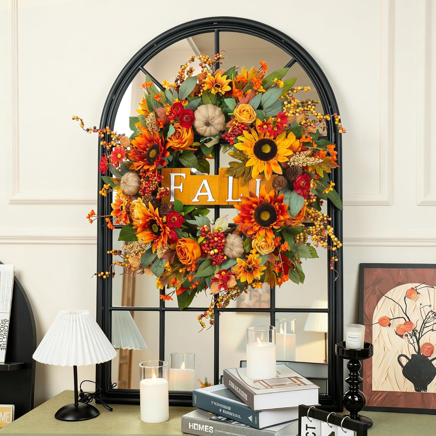 24 Inch Fall Wreaths for Front Door Autumn Wreath with Fall Sign | Fall Door Wreath with Sunflowers, Roses, Burlap Pumpkins, Pinecones, Fall Wreath for Outdoor Wreaths for Front Door