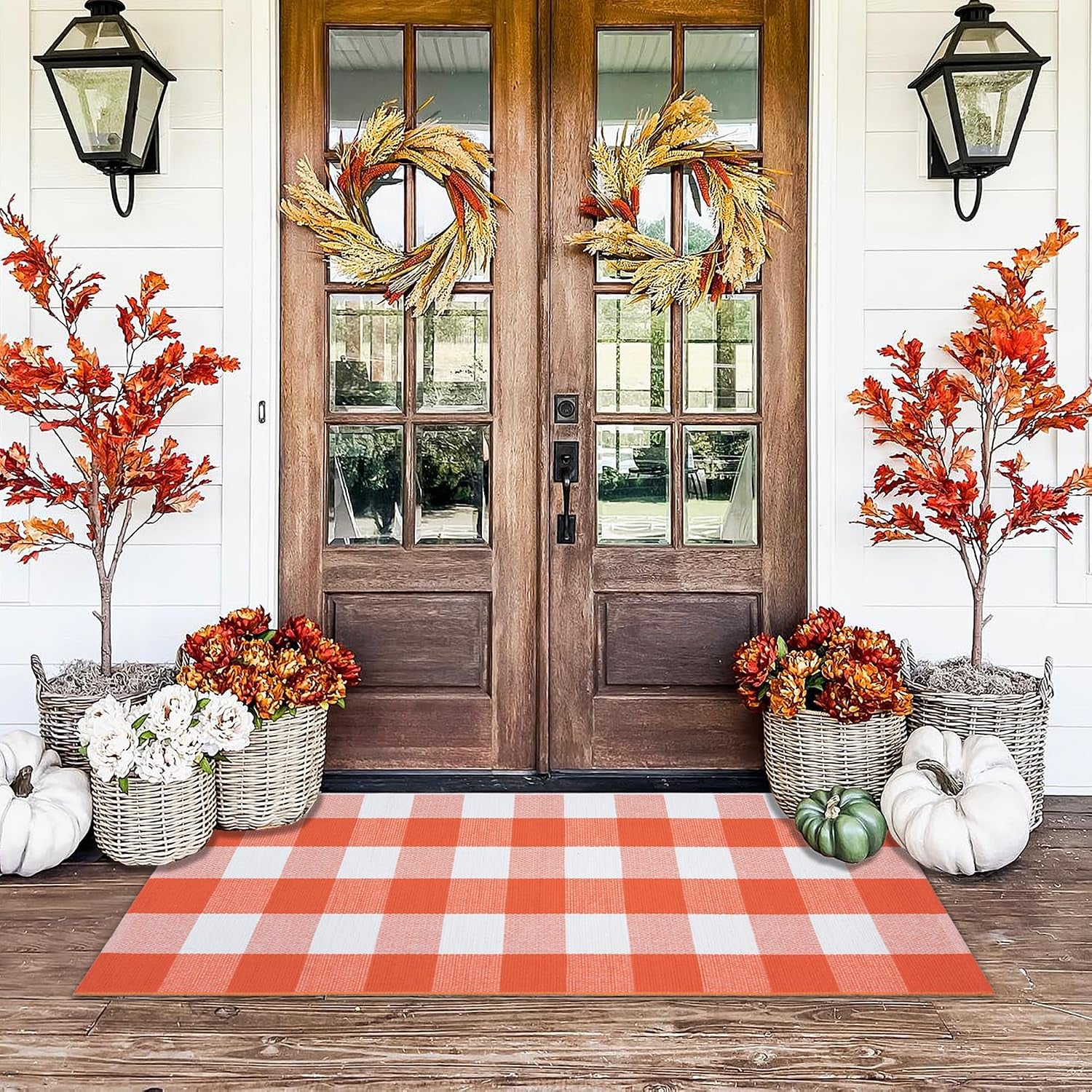 Orange and White Plaid Rug, 3' X 5' Fall Front Door Decor Mat, Cotton Washable Hand-Woven Door Mat for Layered Doormat, Autumn Halloween Thanksgiving Carpet for Porch, Entryway