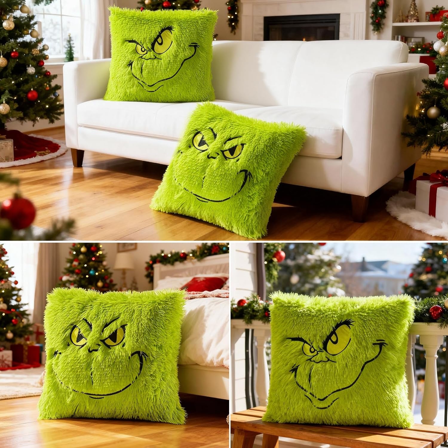 2PCS Chrismas Pillow Covers 18X18 Inch,Green Xmas Throw Pillow Cases,Chrismas Decor Soft Plush Faux Fur Wool Couch Cushion Case for Chair Sofa Bedroom Living Room
