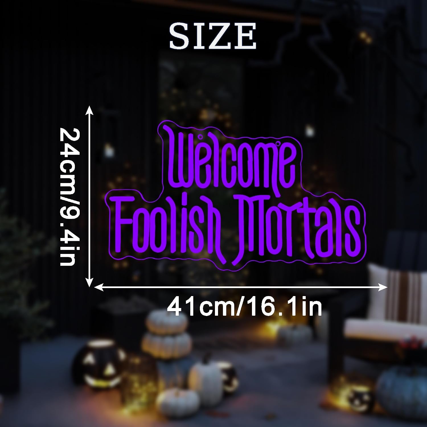 Welcome Foolish Mortals Neon Sign, Halloween Neon Light Spooky Gothic Haunted Mansion LED Coffin Decor USB Powered, for Horror Movie Party Haunted House Man Cave Home Room Themed Bars(16.1 * 9.4 In)
