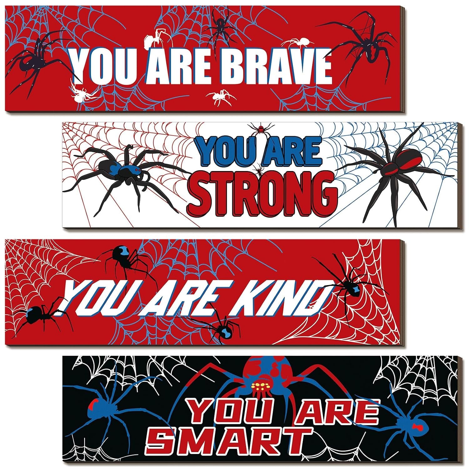 4 Pcs Spider Room Decor Bedroom Boys Wall Decor Inspirational Wall Decoration Wooden Art Prints for Boys Kids Children Home Indoor Decoration Toddler Room Sign Birthday Gifts