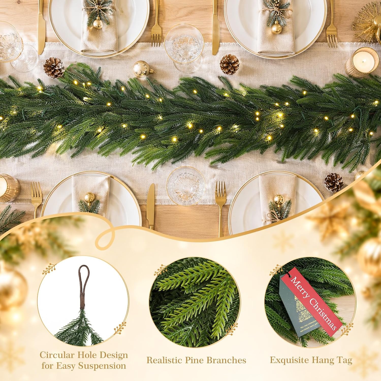 9FT Christmas Norfolk Pine Pre-Lit Garland with 70 LED Lights Real Touch Prelit Garland Christmas Greenery Garlands for Table Mantle Fireplace Stairs Indoor Outdoor Xmas Decorations