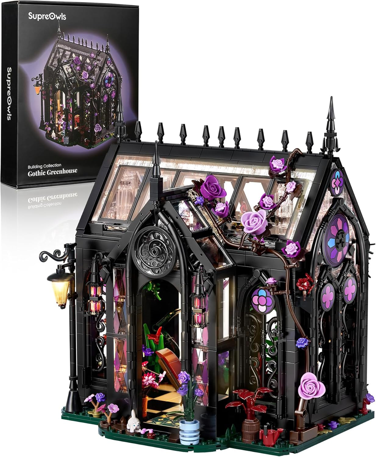 Gothic Greenhouse Building Set with LED Lights, Botanical Garden Brick Kit | 1378Pcs Stained Glass Architecture Building Kits, Rose Vines Flower House Display Decor, Halloween Gothic Gifts for Adults