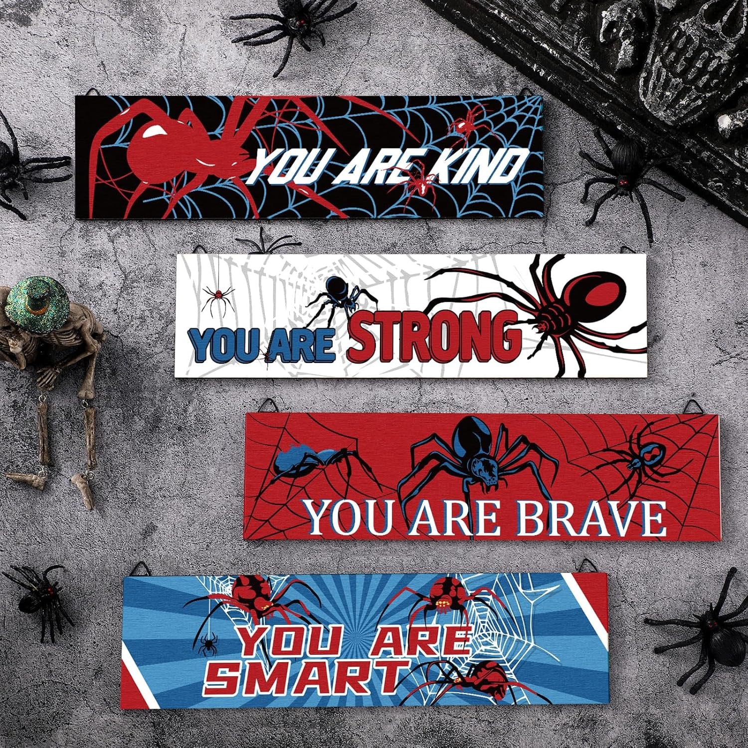 4 Pcs Spider Room Decor Bedroom Boys Wall Decor Inspirational Wall Decoration Wooden Art Prints for Boys Kids Children Home Indoor Decoration Toddler Room Sign Birthday Gifts