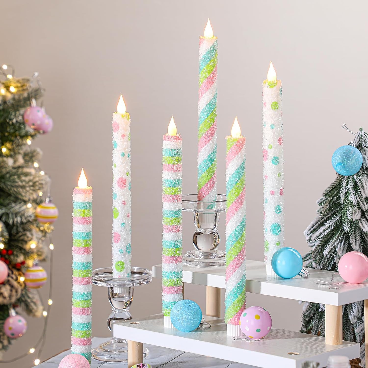 6 Pcs Christmas Flameless Taper Candles 10.6 Inch Elf Theme Candles Battery Operated LED Christmas Candlesticks for Xmas Centerpiece Holiday Party Decor
