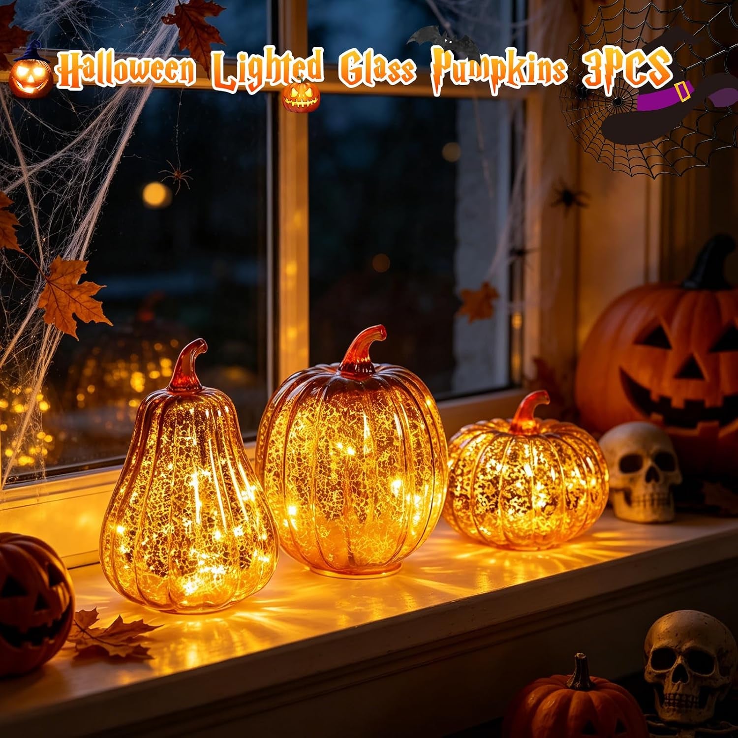 Mercury Glass Pumpkin Lights Fall Porch Decorations Halloween Holiday Gift | Light up Glass Pumpkins with Timer Autumn Thanksgiving Indoor/Outdoor Decor,3Pcs Starry Night Pumpkin for Tabletop