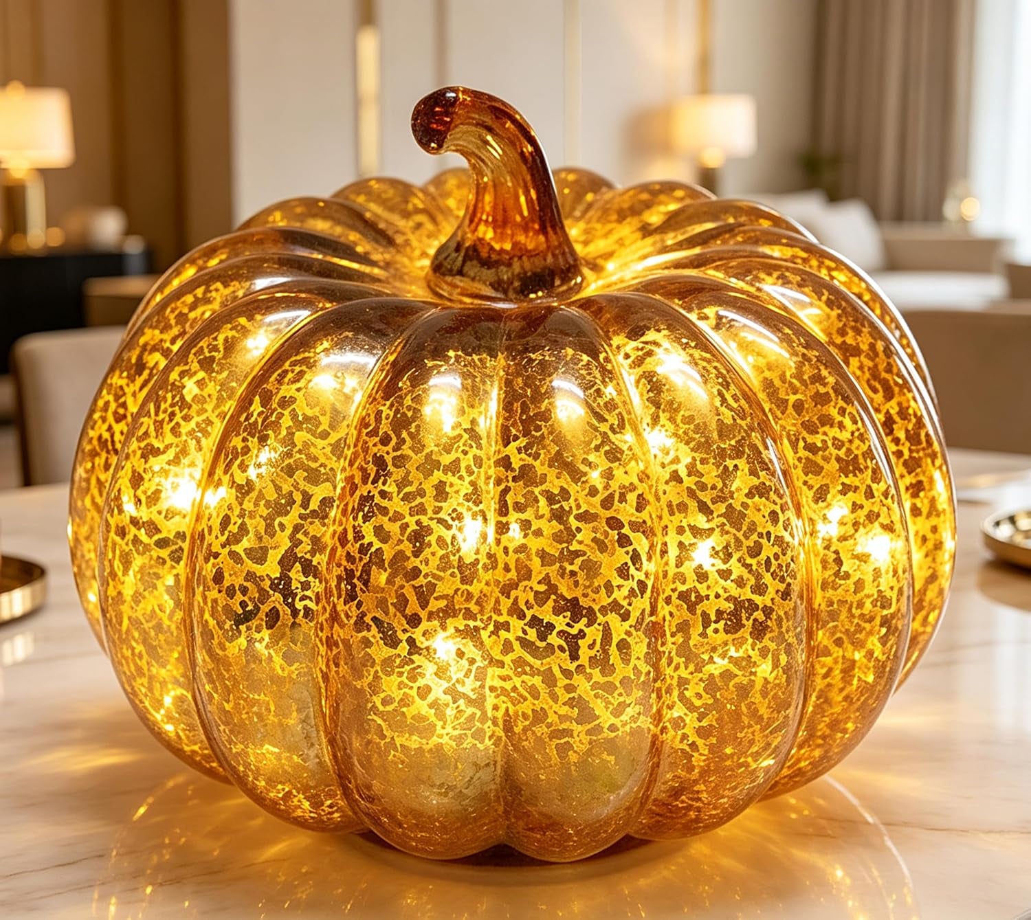 Mercury Glass Light up Pumpkin Light with Timer, with 10 Led Lights Inside,Battery Operated Led Pumpkin Light,Ideal for Halloween Fall Decoration, Thanksgiving Rustic Decor(Gold)