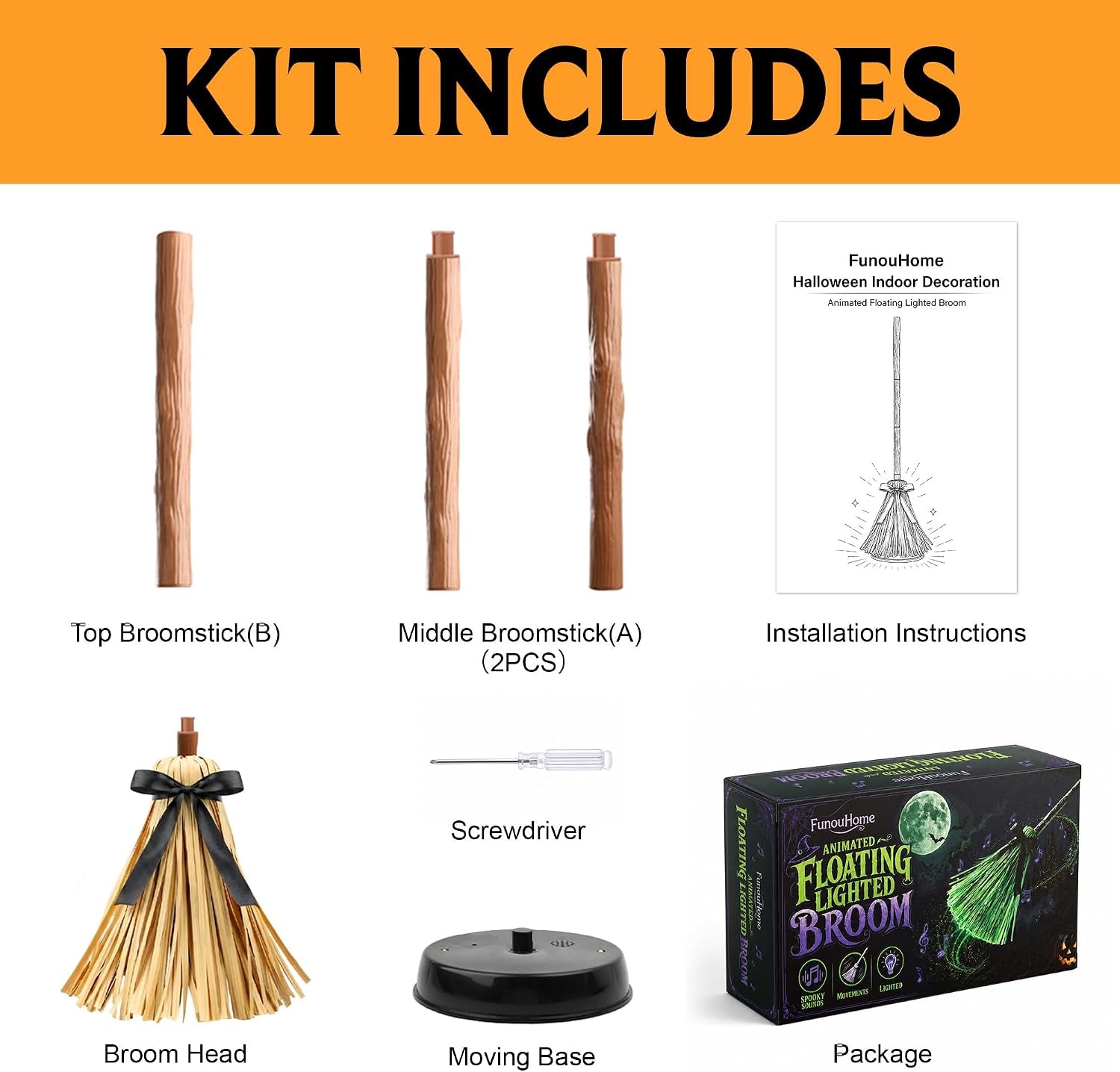 Halloween Decorations Indoor - 49" Animated Floating Lighted Witch Broom | Sound/Mute Mode - Dancing Magic Broom for Home Party Decorations