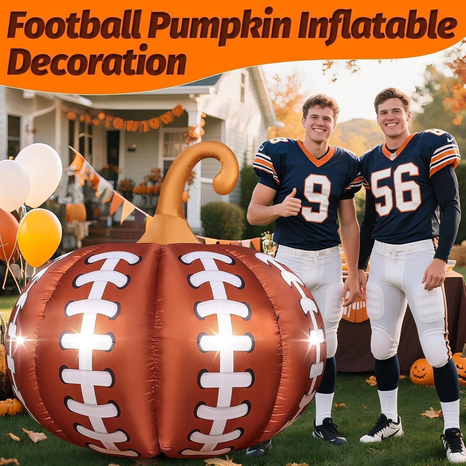 4.6FT Inflatable Pumpkin Outdoor Decorations Football Inflatables Pumpkins Built-In 4 LED Lights Fall Giant Blow up Pumpkin for Halloween Decor Football Sport Fans Party Garden Yard Lawn