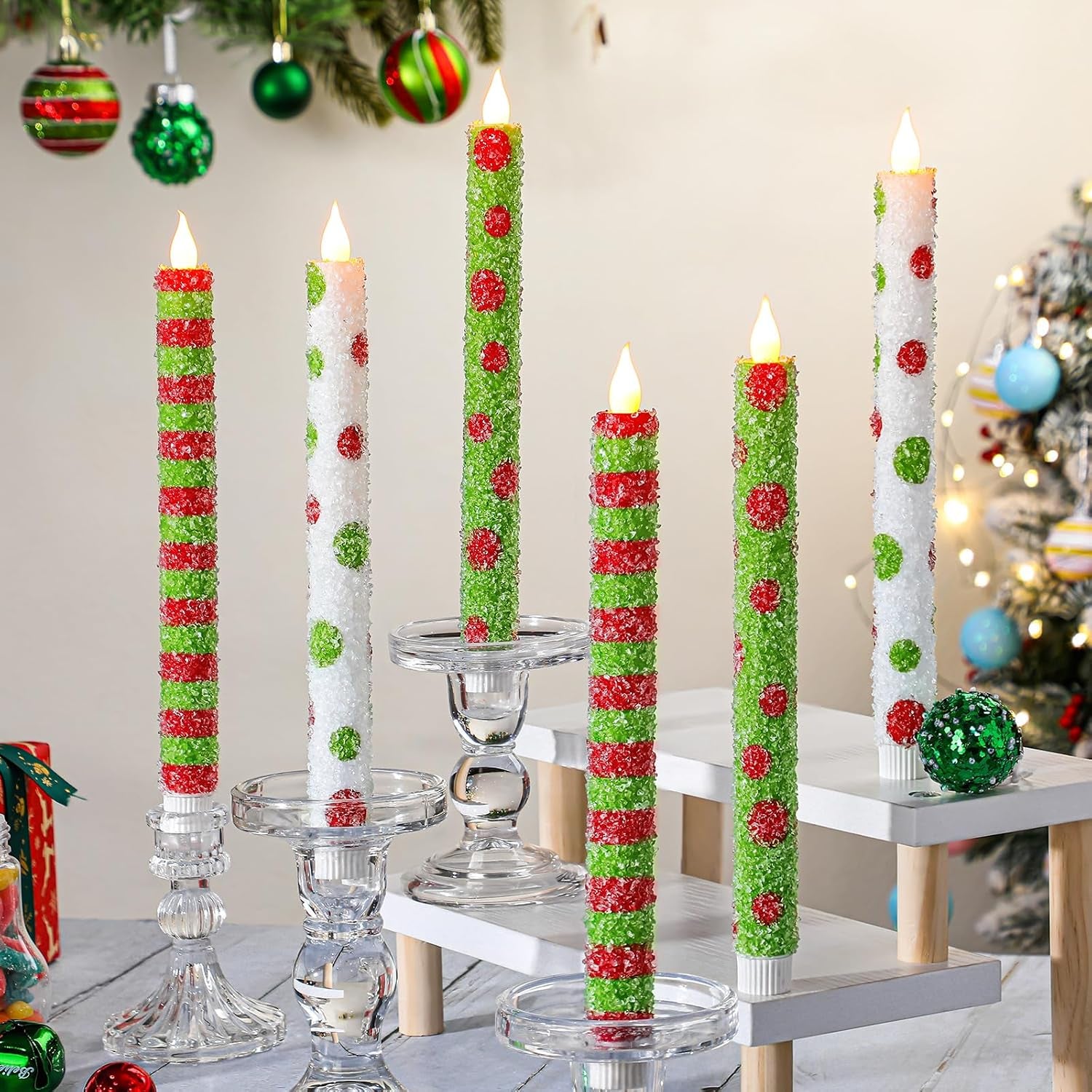 6 Pcs Christmas Flameless Taper Candles 10.6 Inch Elf Theme Candles Battery Operated LED Christmas Candlesticks for Xmas Centerpiece Holiday Party Decor