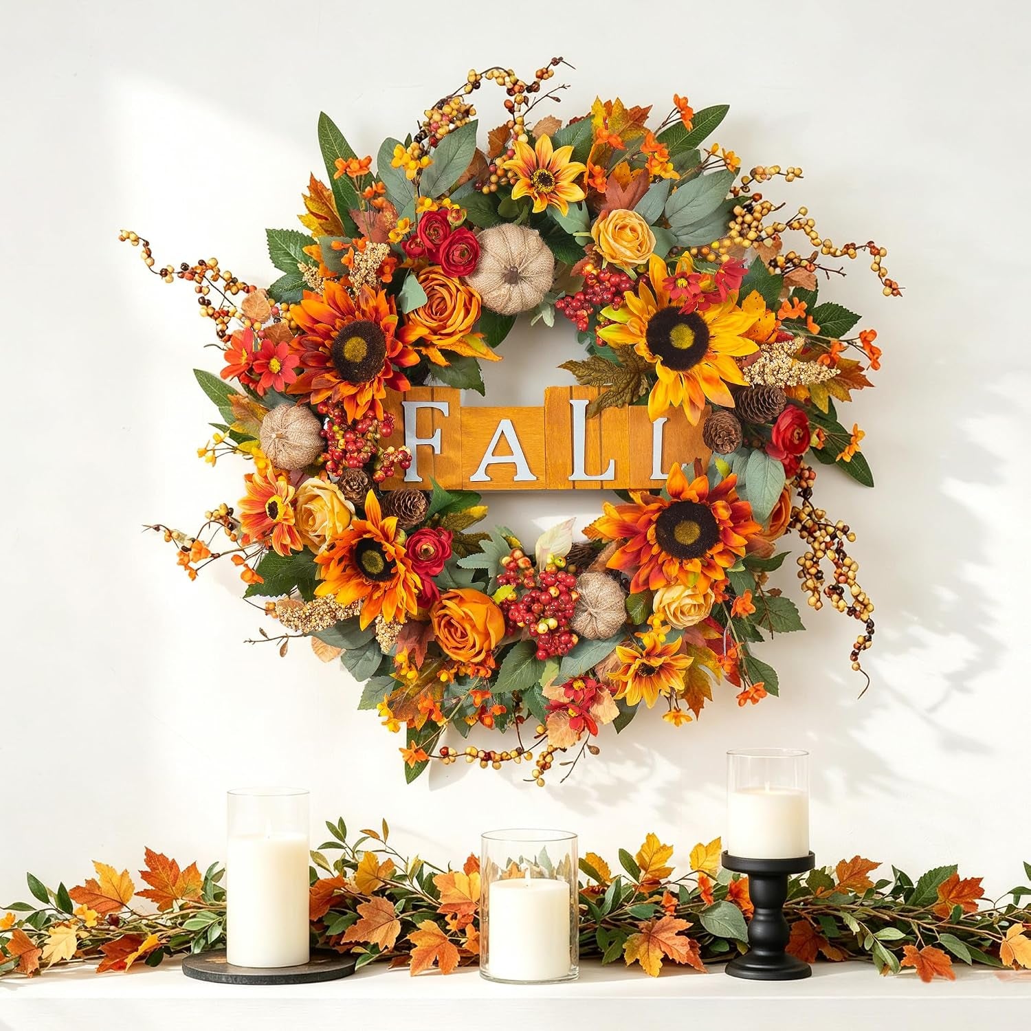 24 Inch Fall Wreaths for Front Door Autumn Wreath with Fall Sign | Fall Door Wreath with Sunflowers, Roses, Burlap Pumpkins, Pinecones, Fall Wreath for Outdoor Wreaths for Front Door