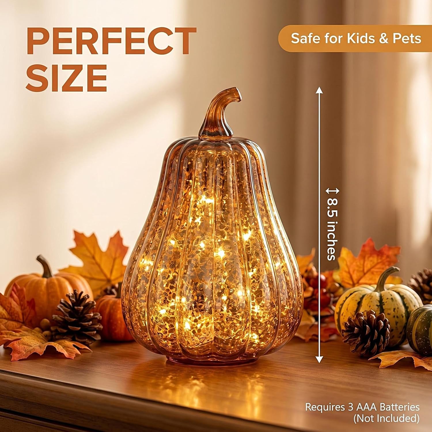 Fall Decorations for Home,Mercury Glass Pumpkin Lights with Timer, Battery Operated Led Pumpkin Lights,Light up Glass Pumpkin, Ideal for Halloween Fall Decor, Thanksgiving Decorh:8.5" (Coffee)
