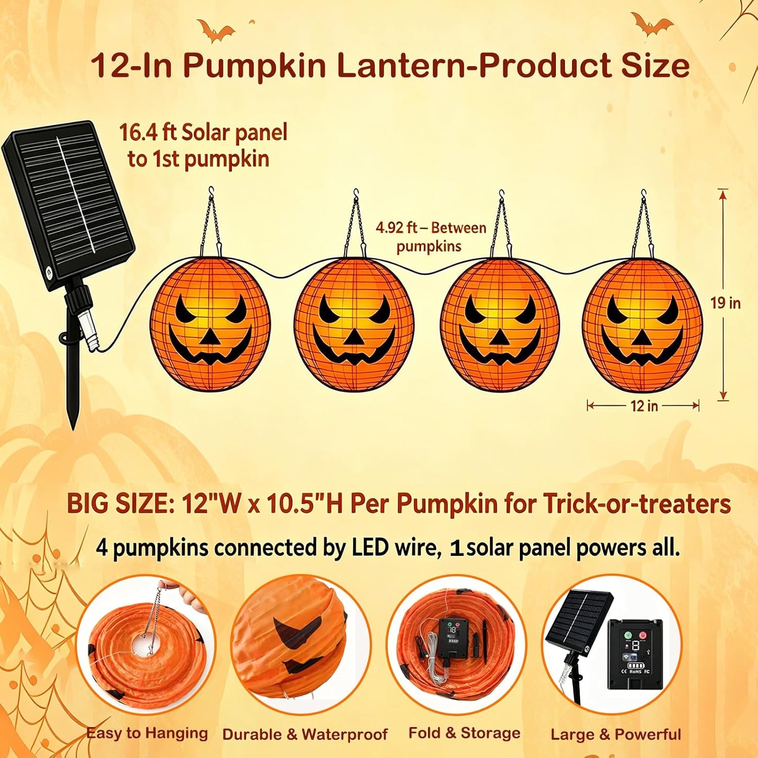 4Pcs Solar Pumpkin Lights Outdoor Hanging Halloween Decorations | 12-Inch Jack O Lantern, 160 Leds & 8 Modes, Waterproof Outdoor Halloween Lights for Yard Porch Trick-Or-Treat Party