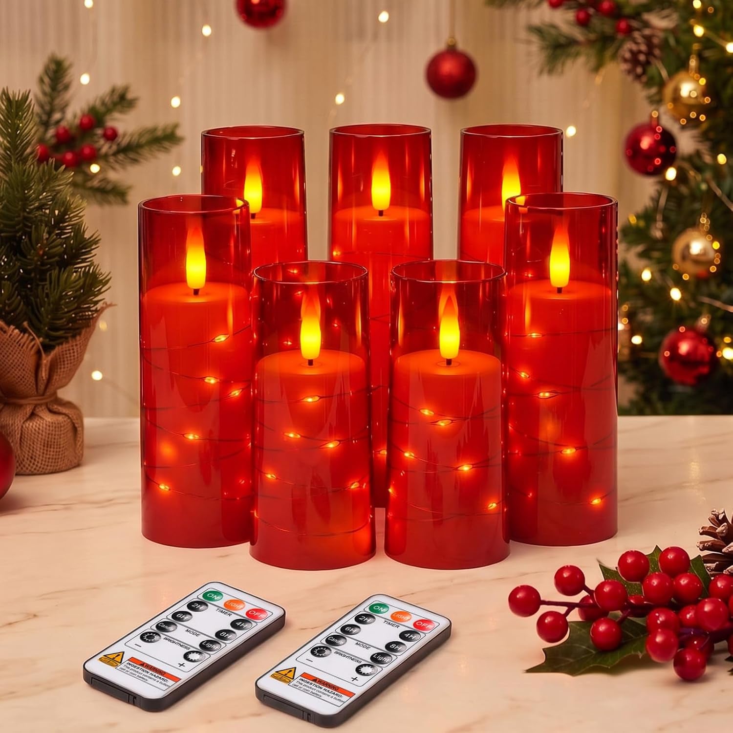 Flameless Candle with Remote Timer – 9 Flickering Acrylic Battery Operated LED Pillar Candles with Embedded Star String for Halloween, Home Decor, and as a Gift (Orange)